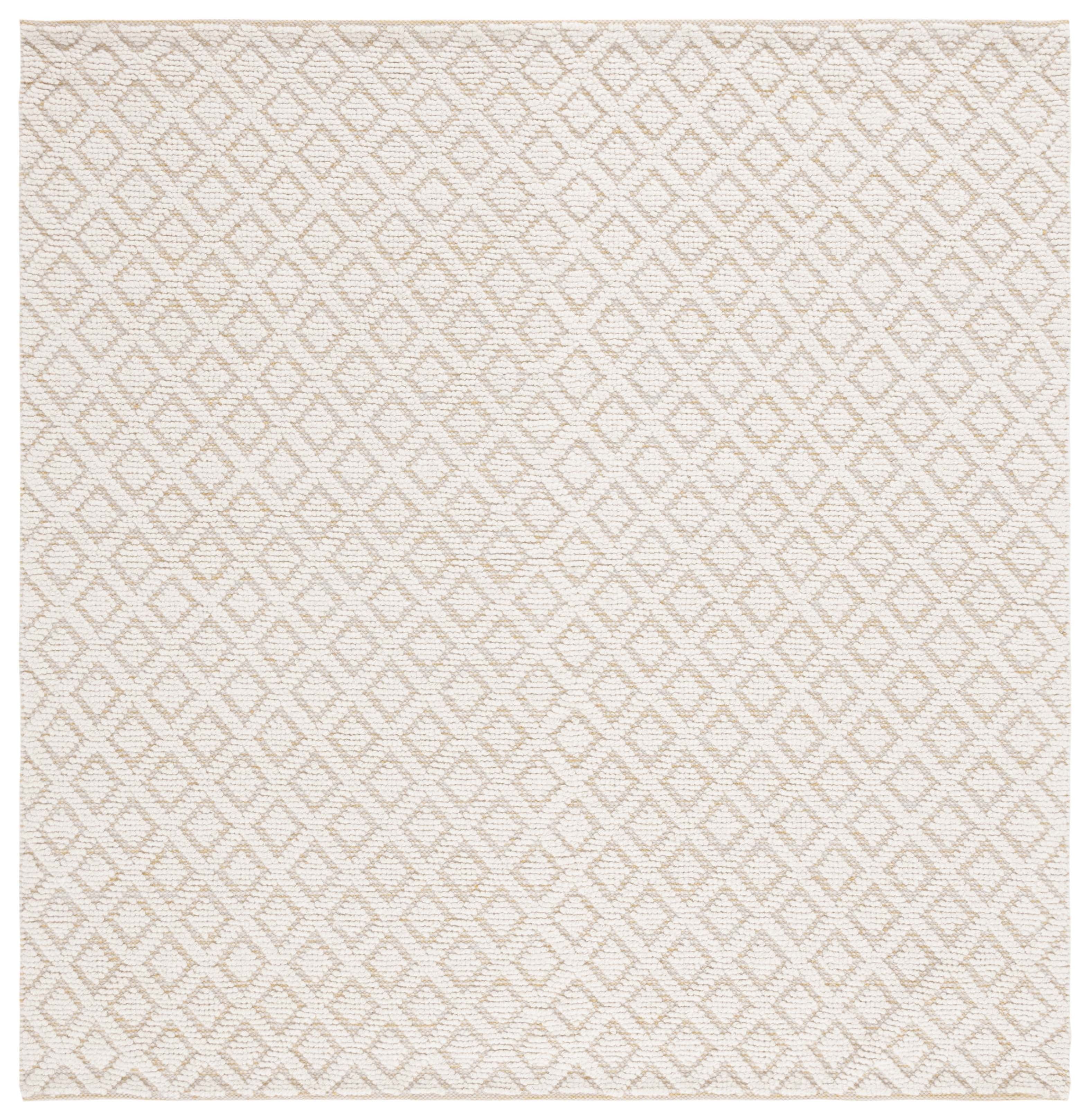 Ivory and Gold Geometric Tufted Wool Square Rug, 6' x 6'