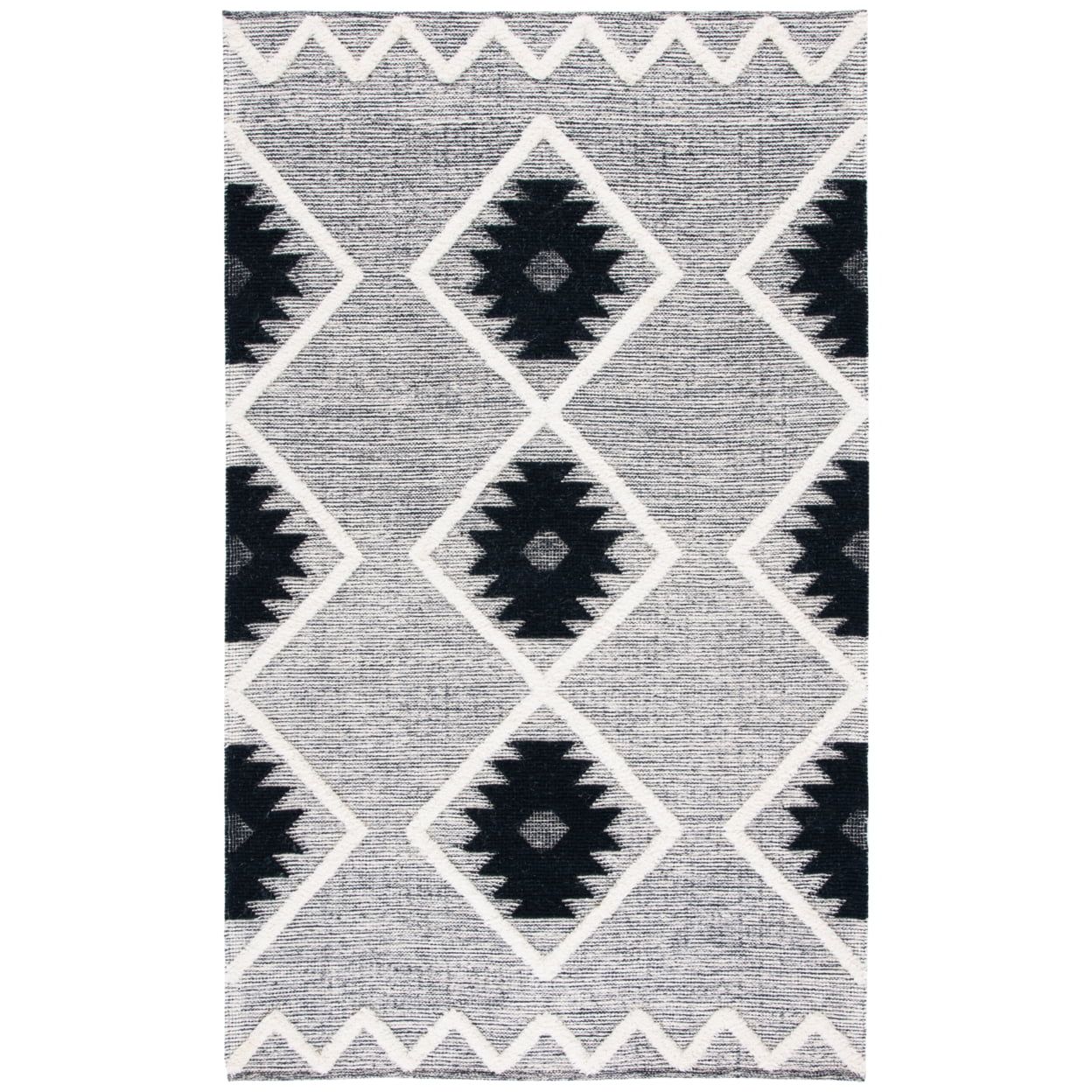 Black and Ivory Geometric Wool Hand-knotted Rug, 3' x 5'