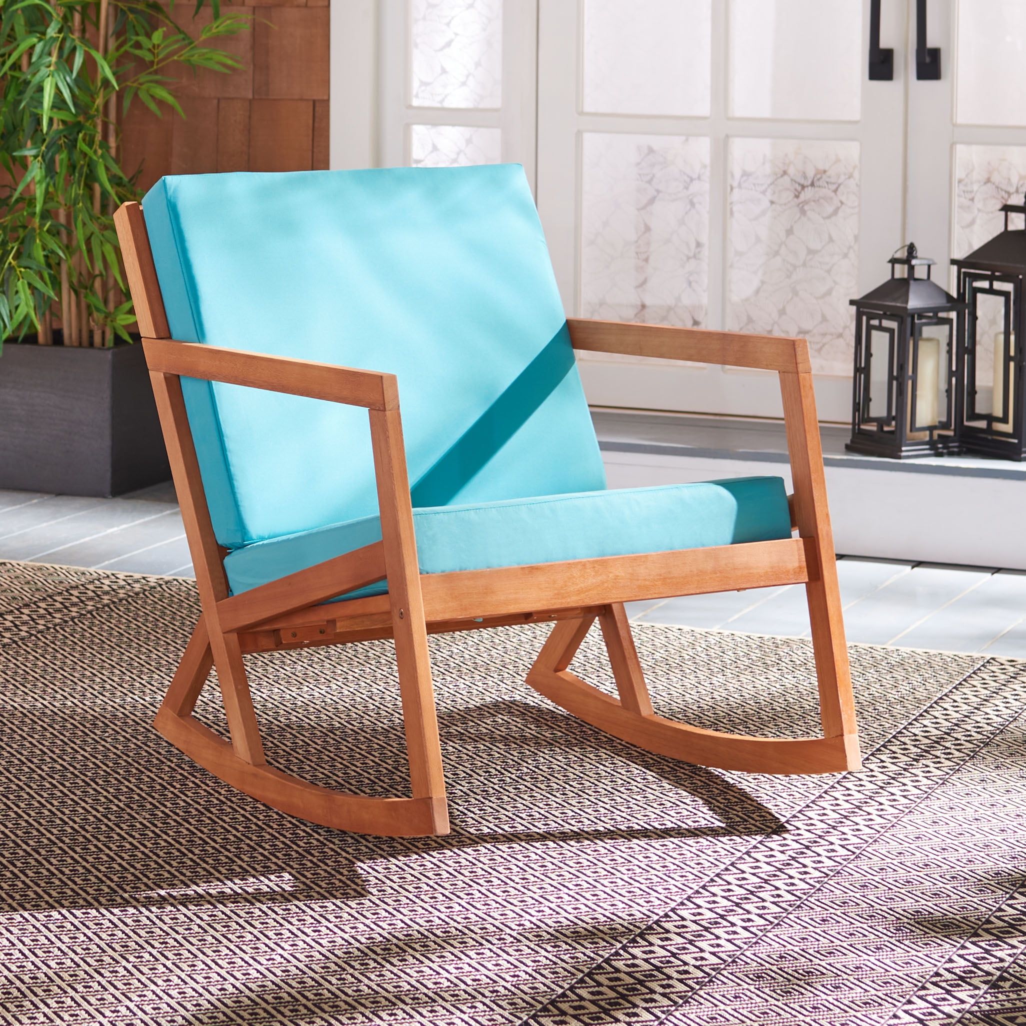 Elegant Eucalyptus Wood Outdoor Rocking Chair with Aqua Cushions