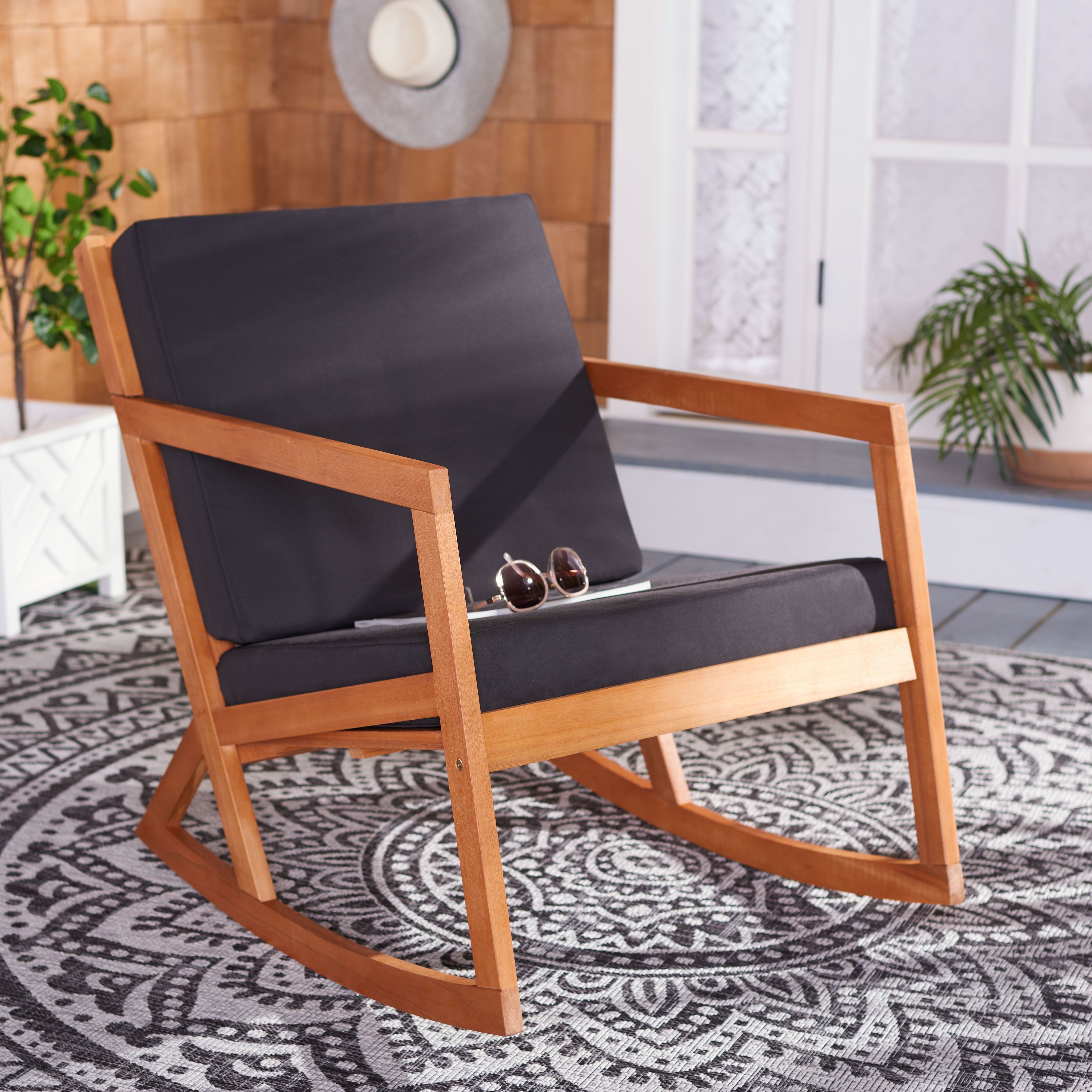 Elegant Natural Eucalyptus Wood Outdoor Rocking Chair with Black Cushions