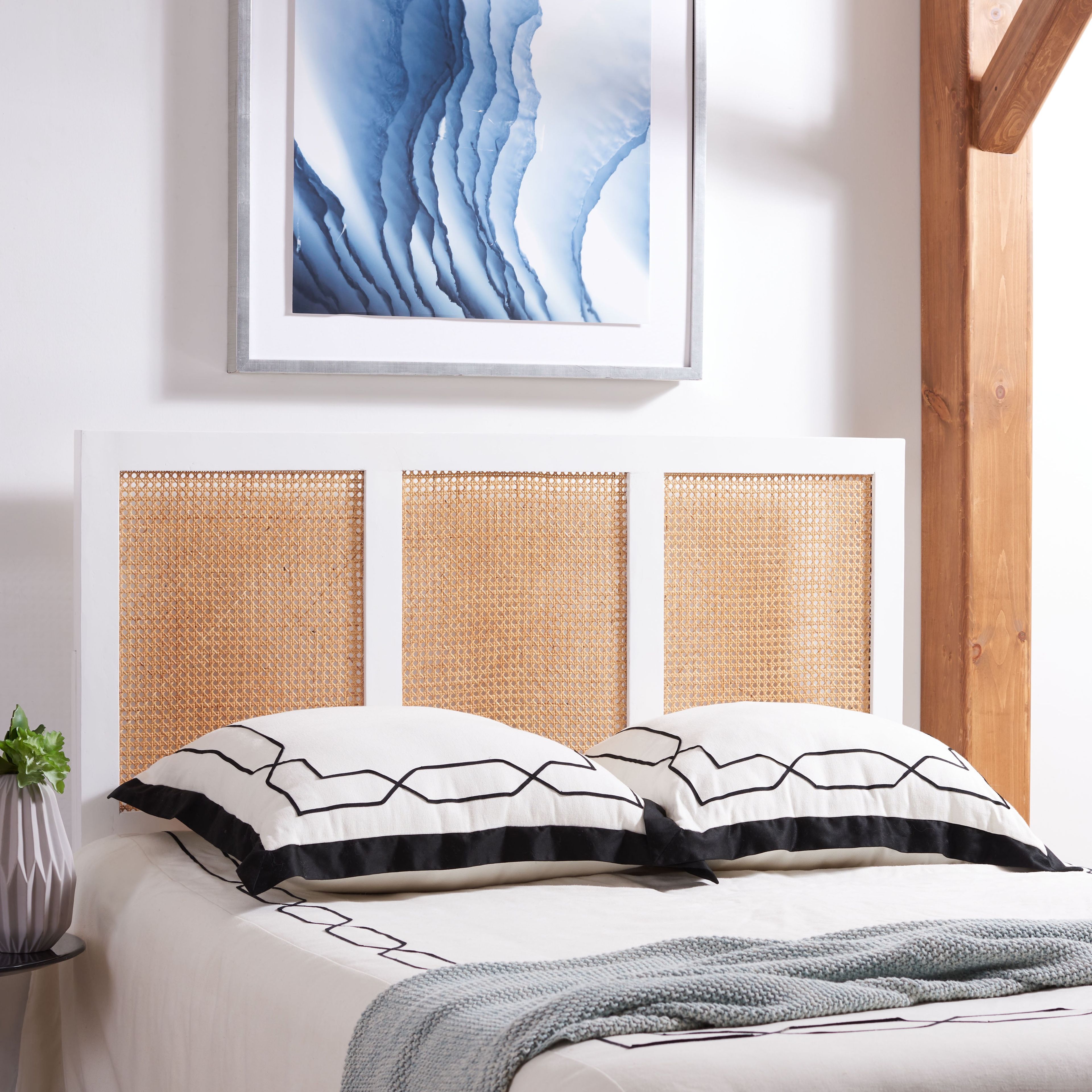 Full White Wash Mango Wood Cane Headboard