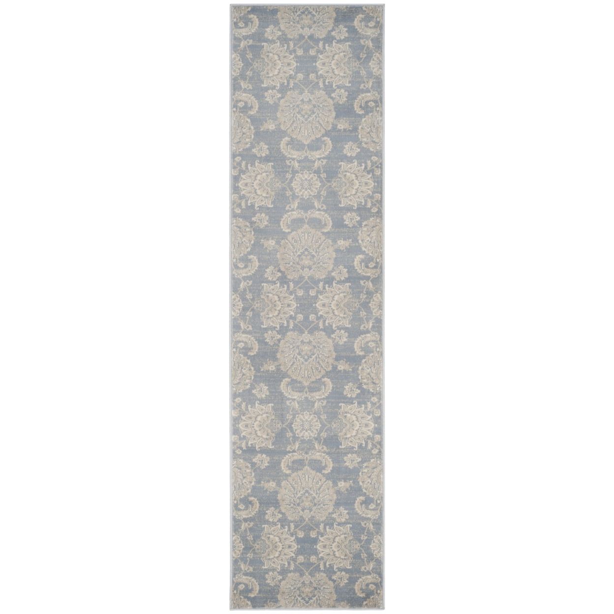 Light Blue and Ivory Viscose Floral Runner Rug, 2'2" x 8'