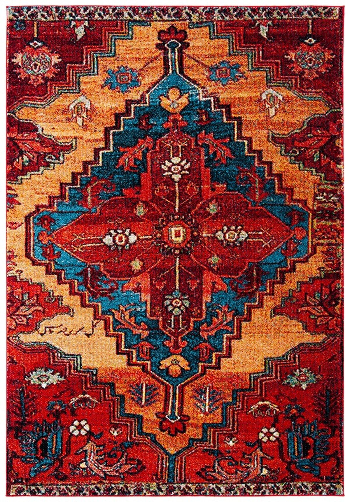 Vintage Hamadan Red and Blue Synthetic Area Rug, 9' x 12'