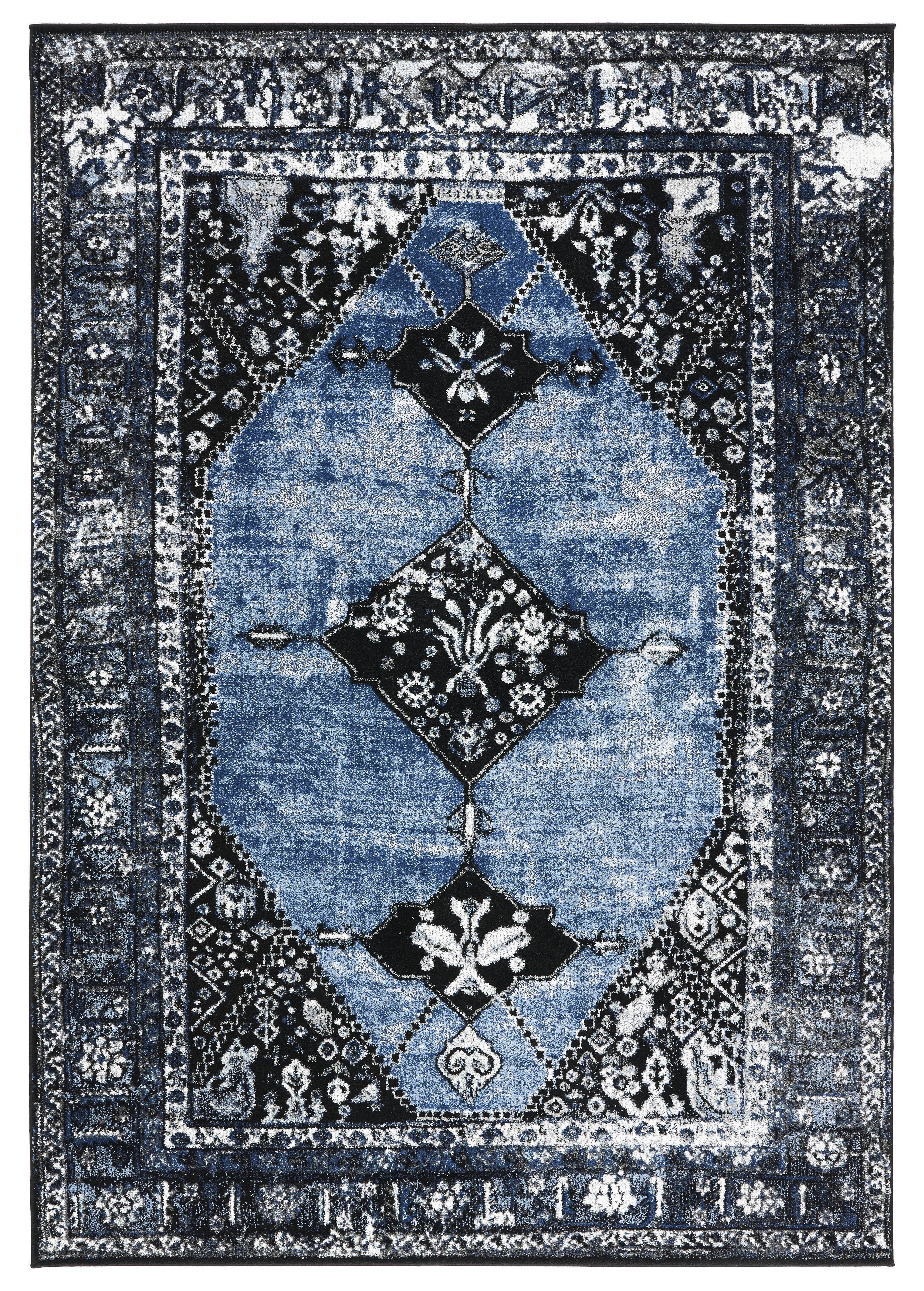 Blue and Black Synthetic 9' x 12' Oriental Area Rug
