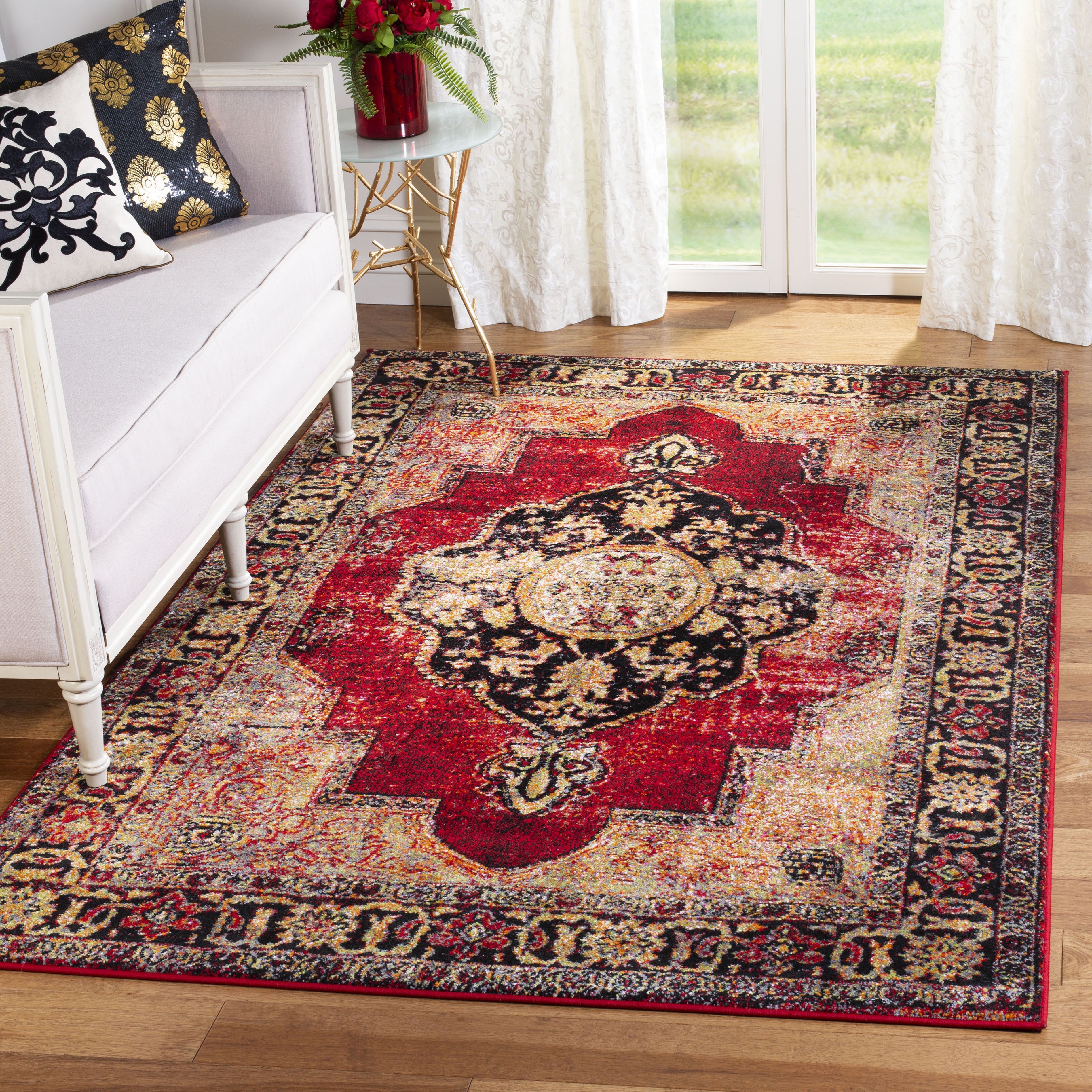 Red and Multi Floral Motif Synthetic Area Rug, 11' x 15'