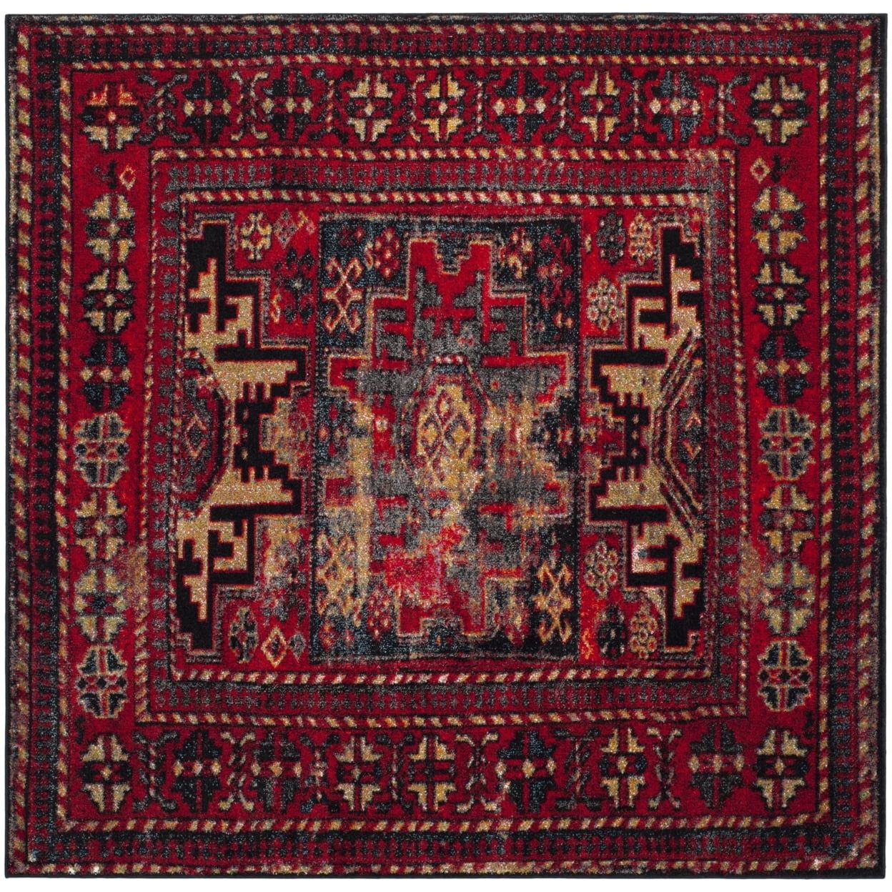 Vintage Hamadan 10' Square Non-Slip Red Synthetic Rug