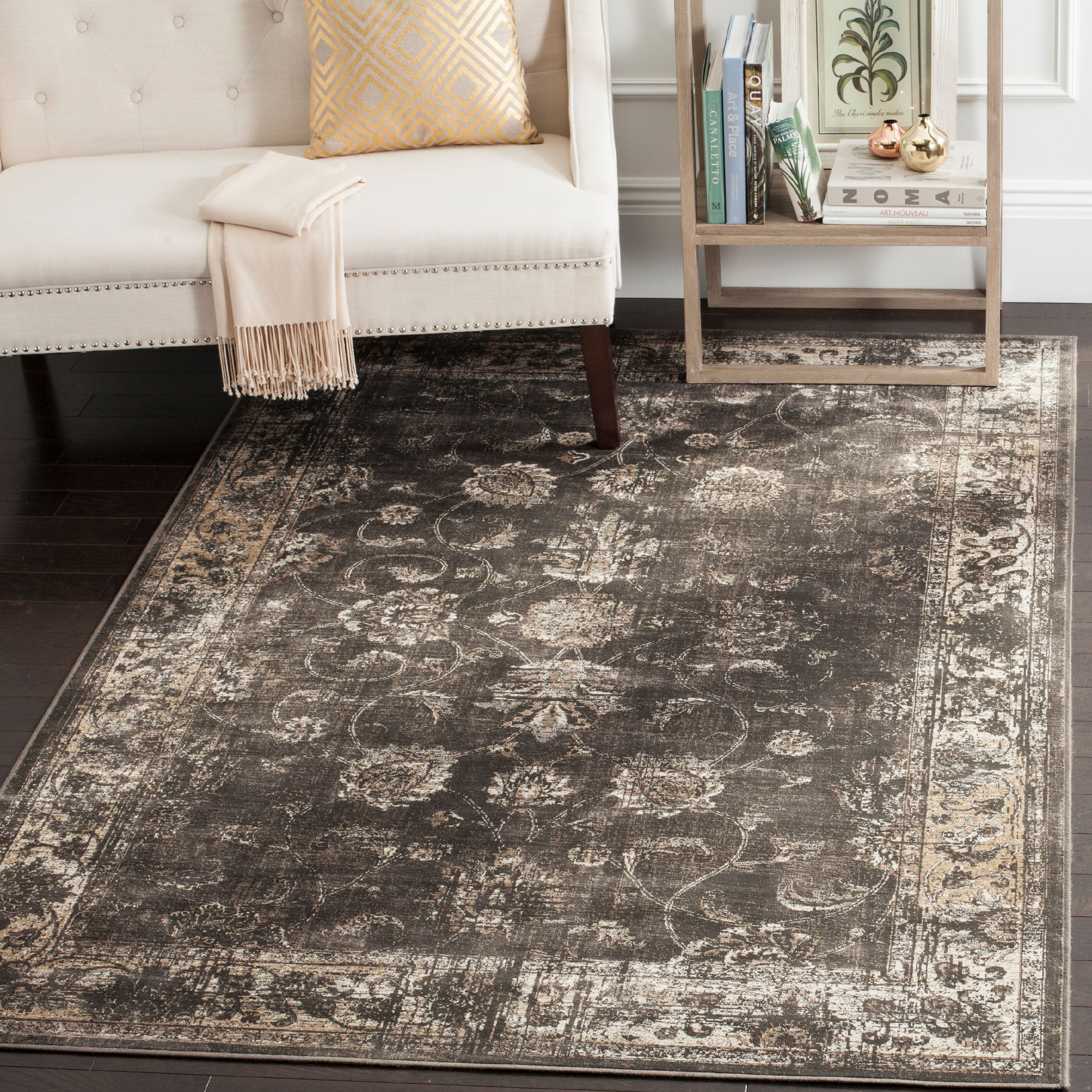 Elegant Black 10' x 14' Vintage Distressed Viscose Area Rug