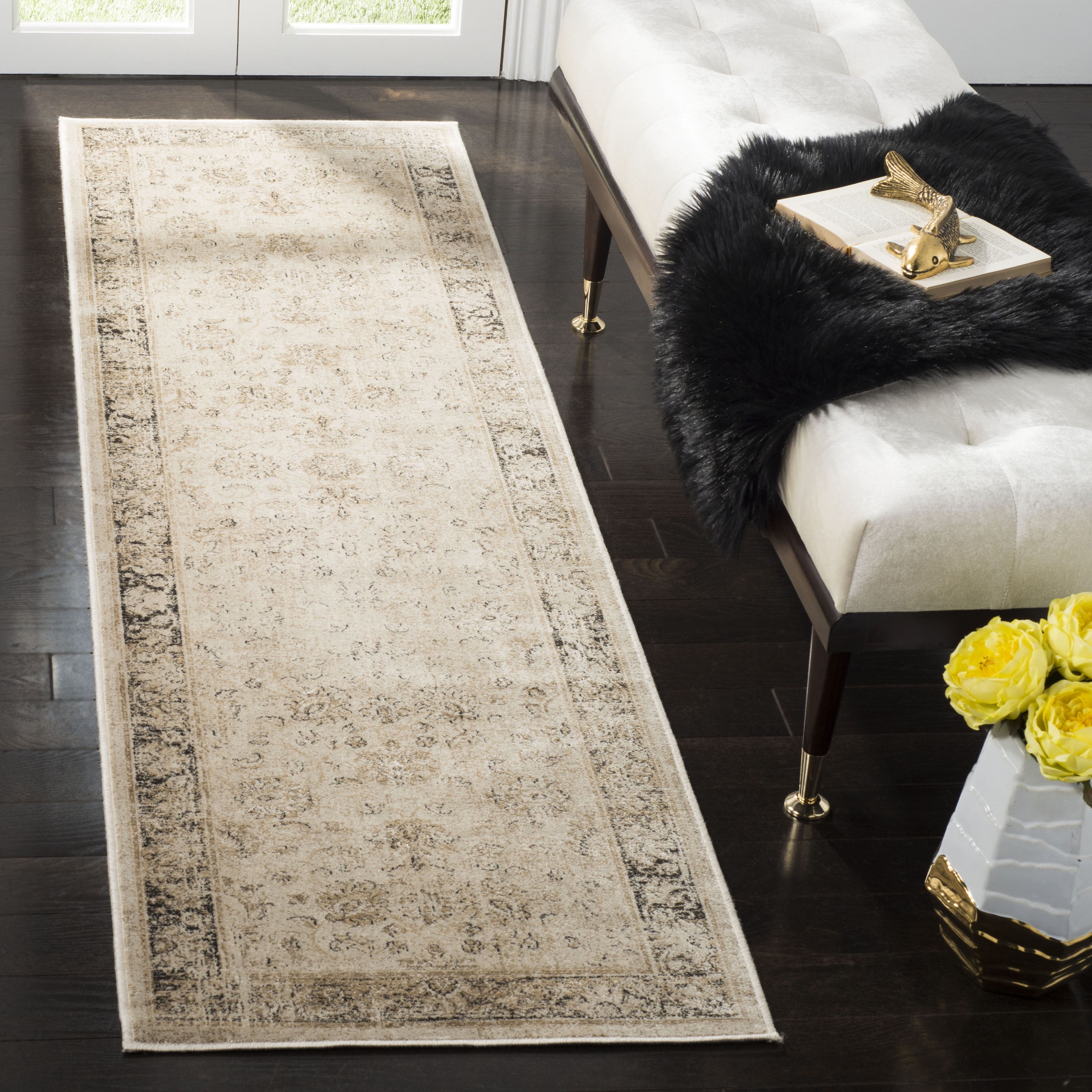 Stone Floral Viscose Runner Rug, 2'2" x 9'