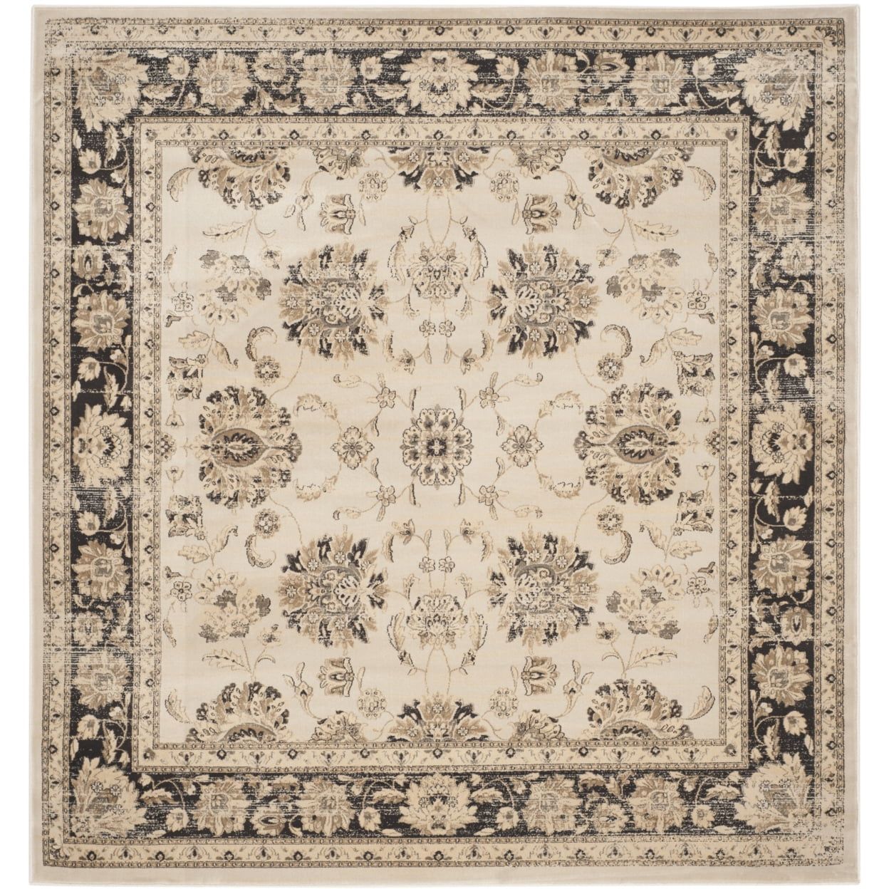 Ivory and Black Square Vintage Area Rug 6'7"