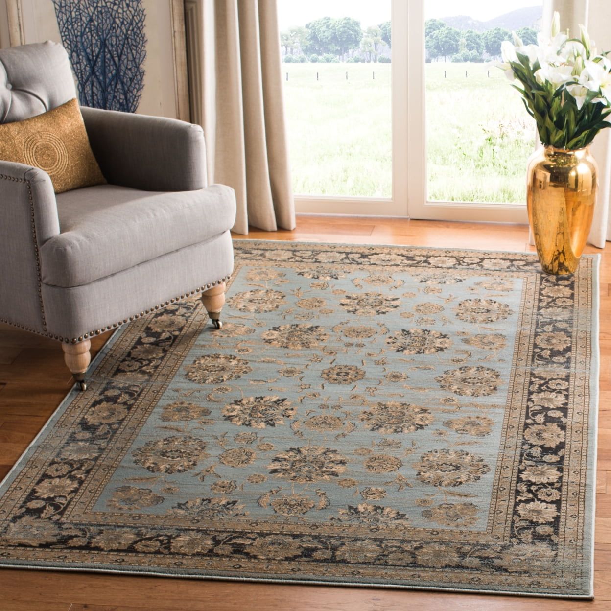 Light Blue and Black Vintage Viscose Area Rug, 4' x 5'7"