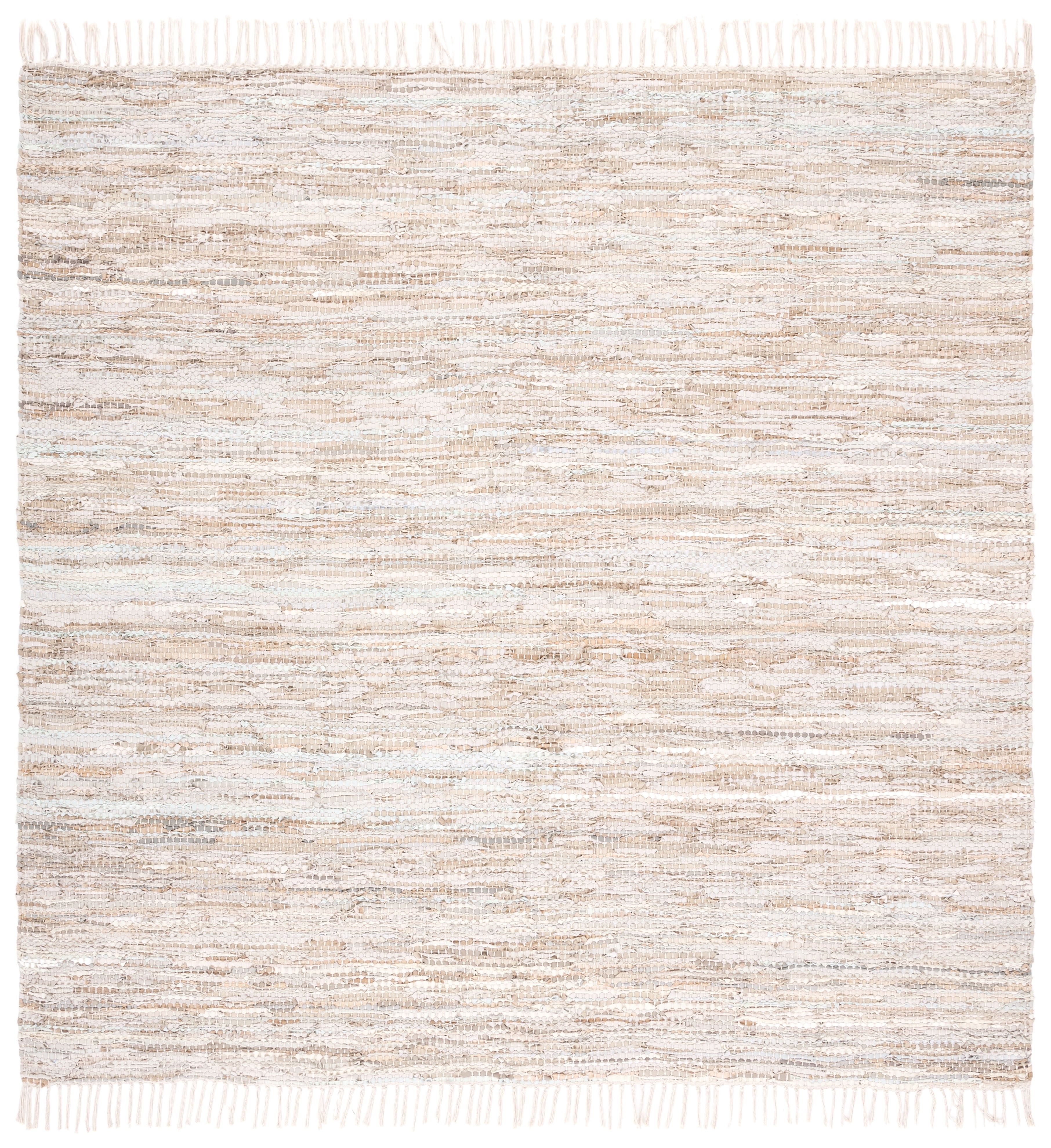 Handwoven Beige Cotton and Leather Square Area Rug, 7' x 7'