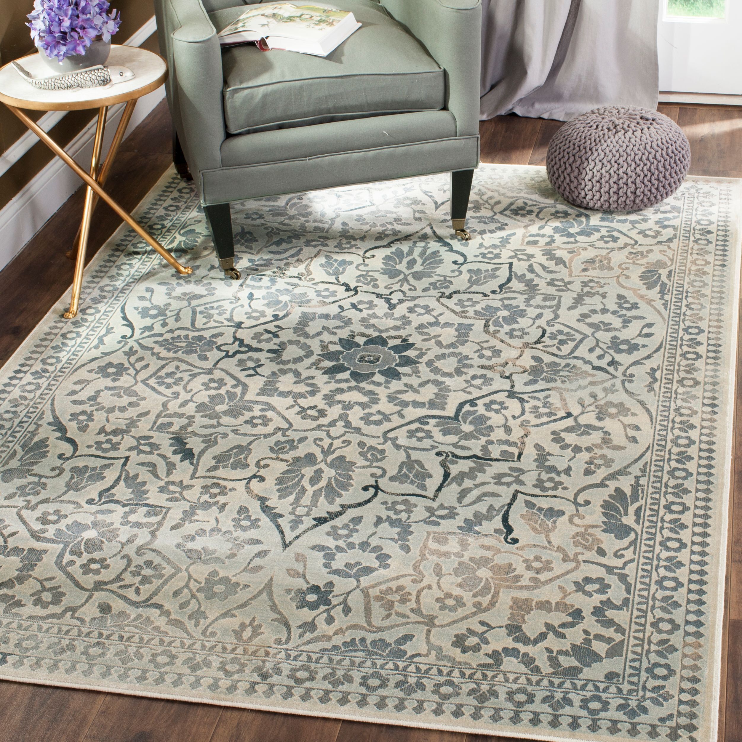 Elegant Beige & Blue 9' x 12' Reversible Wool Blend Area Rug