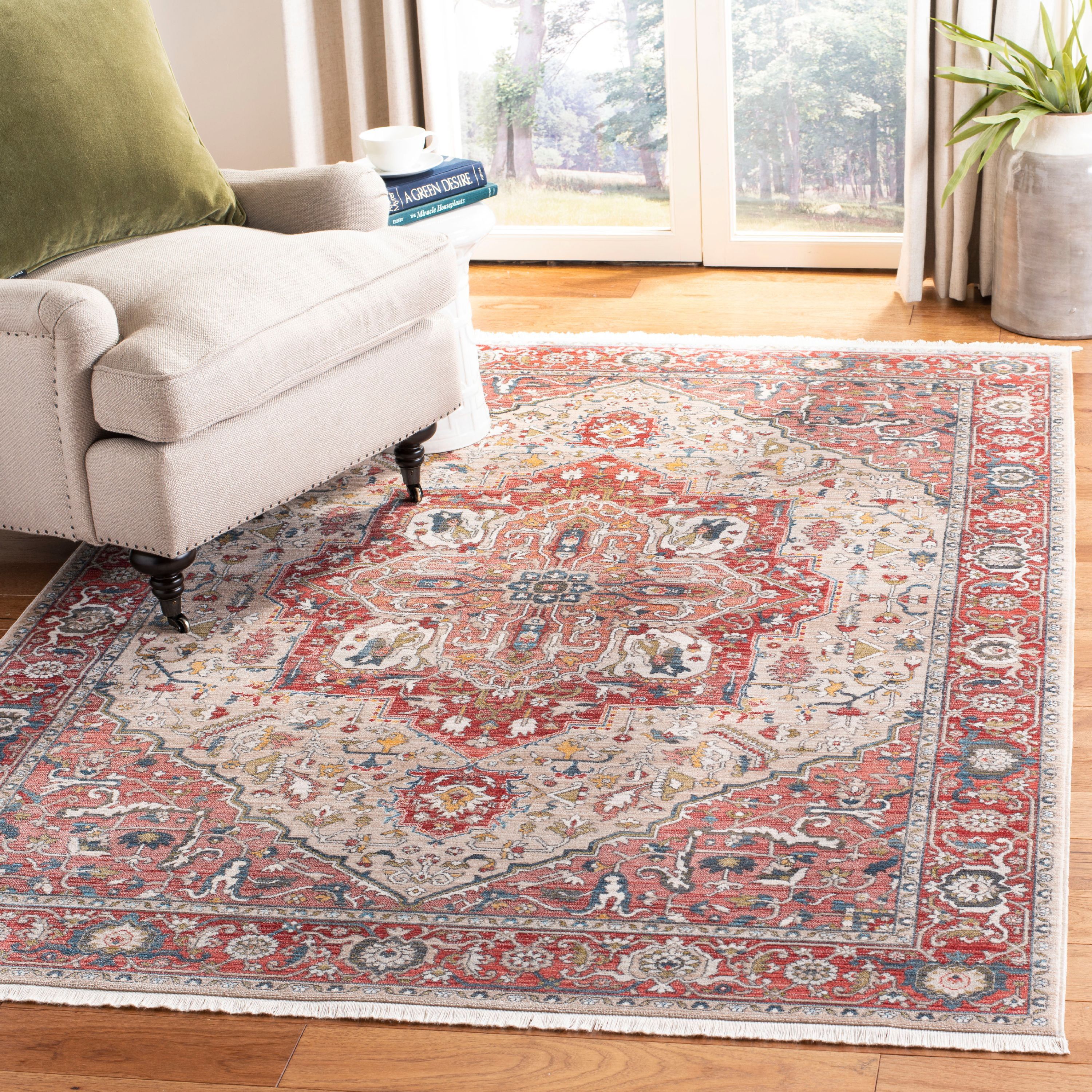 Red and Ivory Persian Style Synthetic Area Rug, 4' x 6'