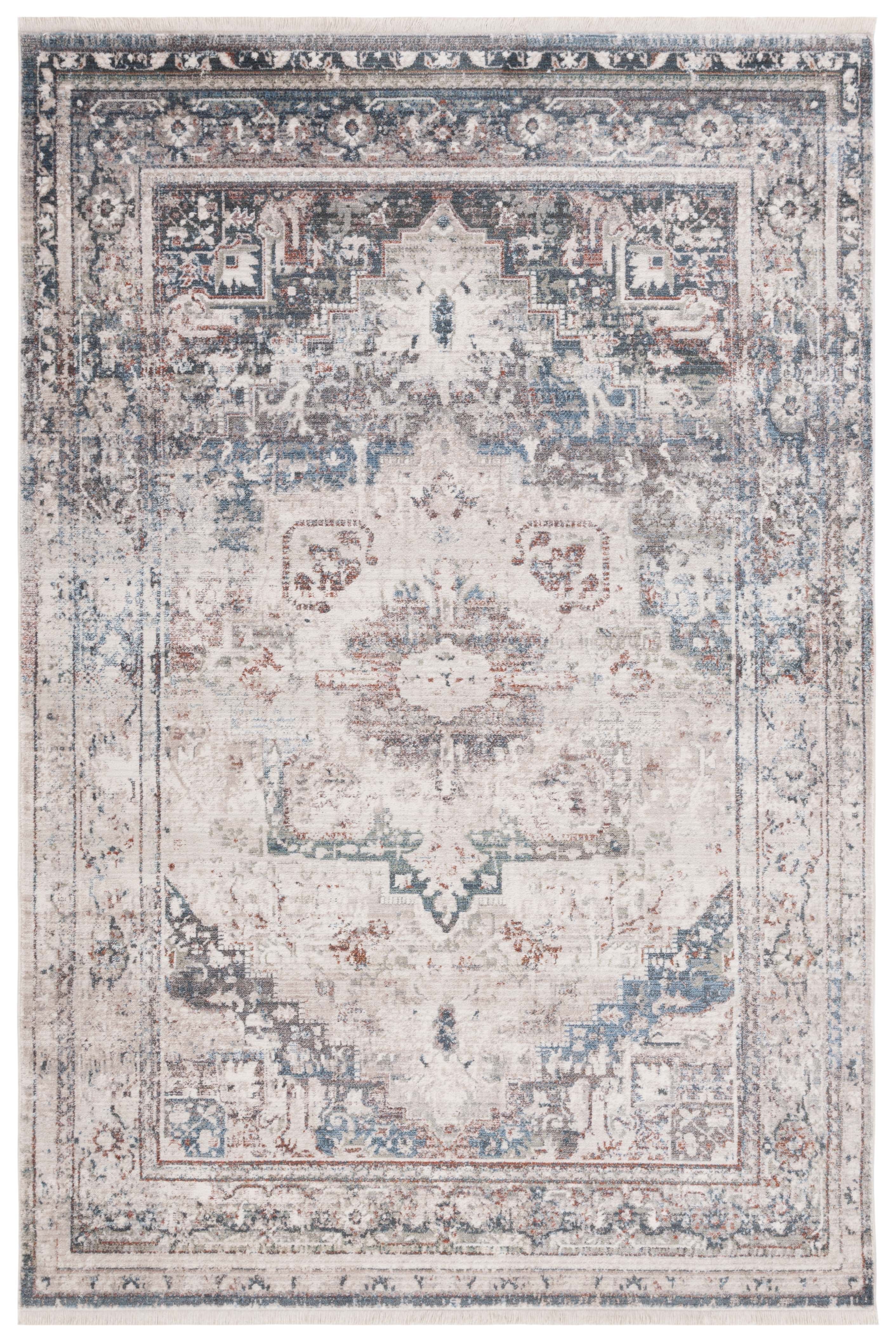 Vintage Persian Ivory and Green Medallion Synthetic Area Rug, 4' x 6'