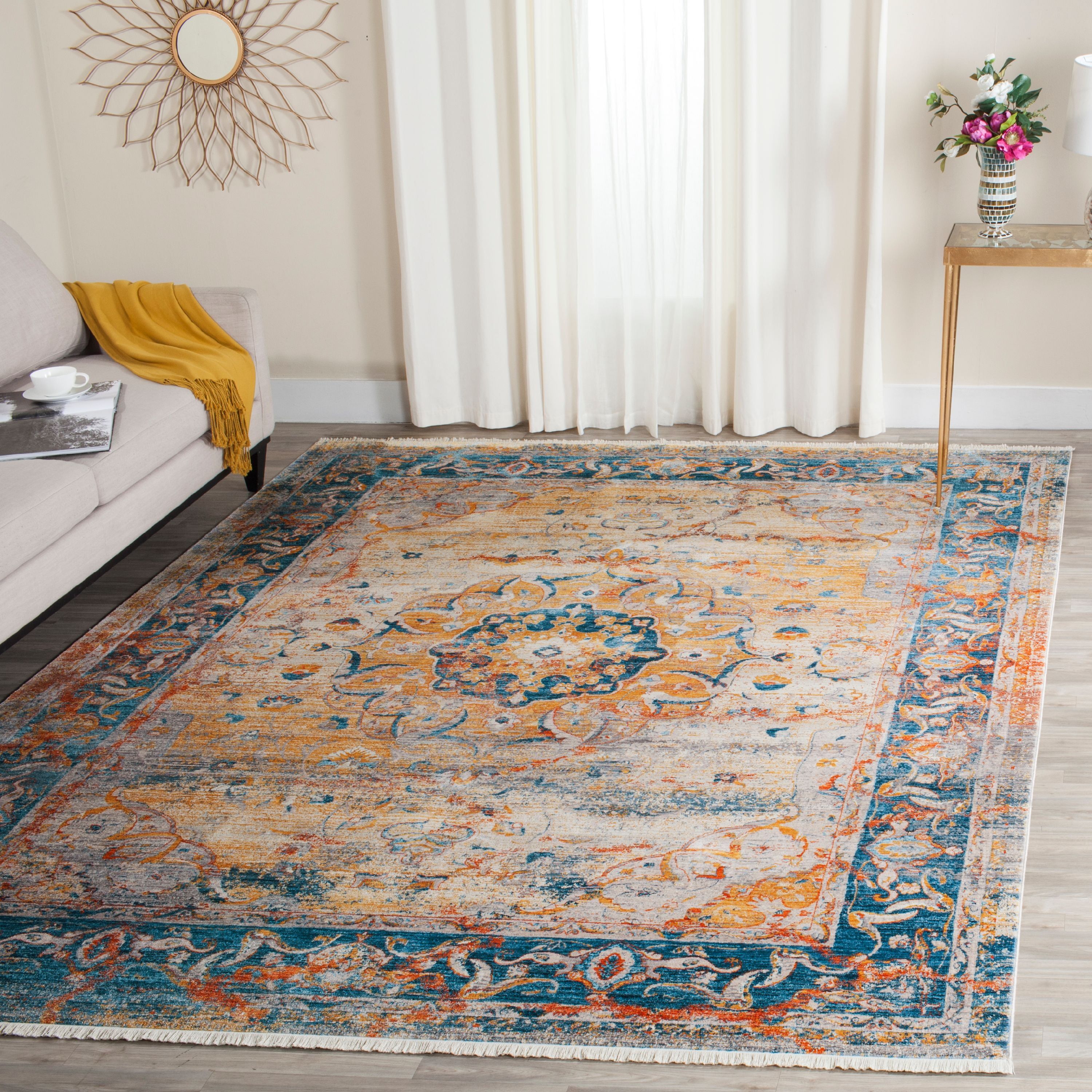 Vintage Blue and Multi Synthetic Square Area Rug