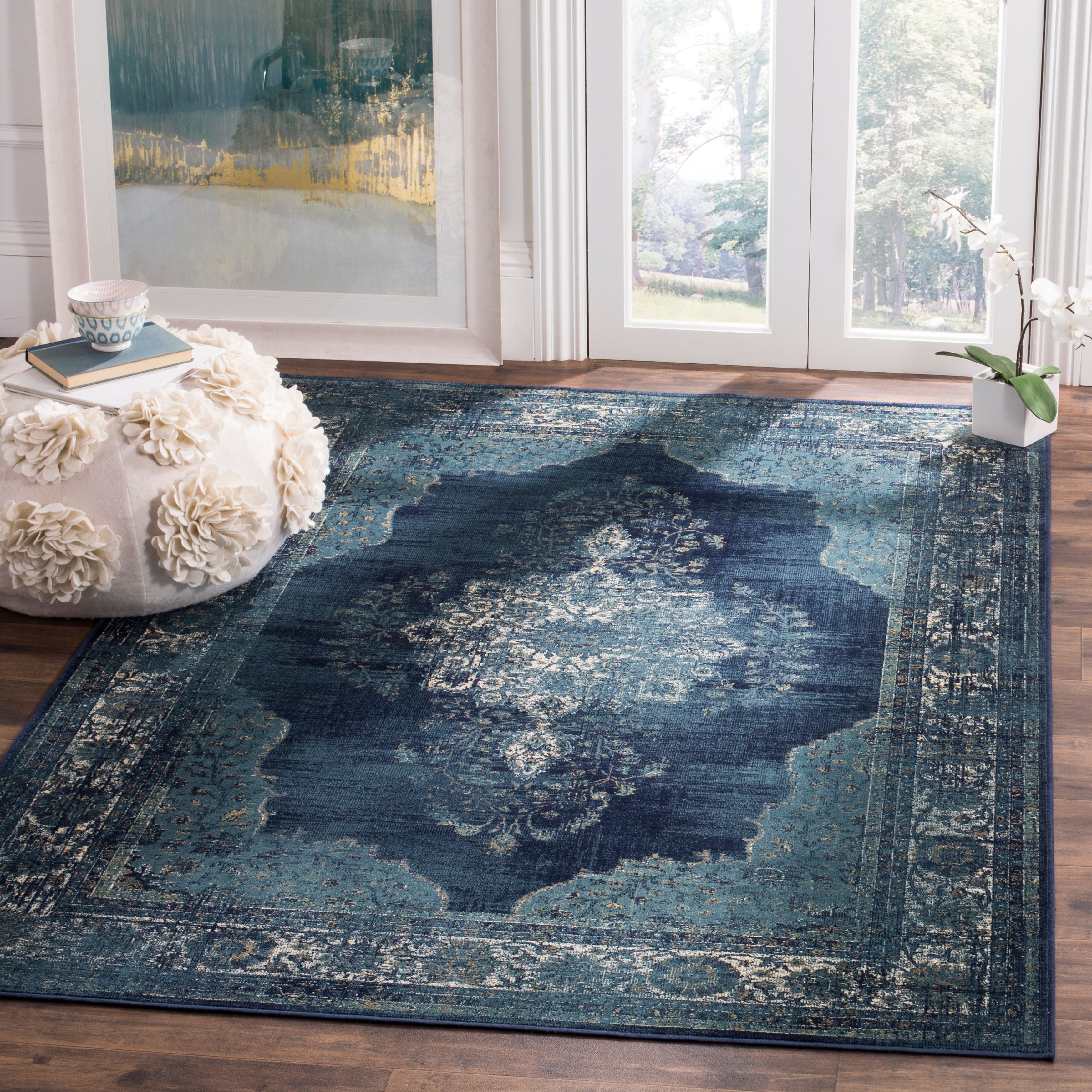 Navy Medallion Silky-Feel Rectangular Viscose Rug, 5'3" x 7'6"