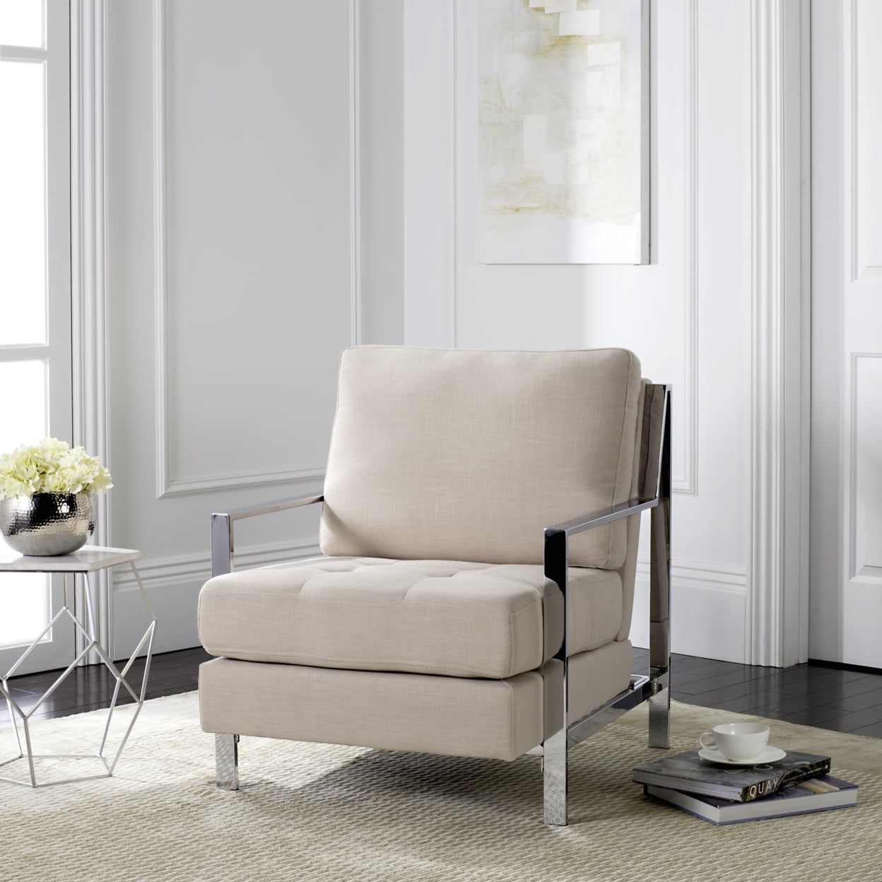 Elegant Beige Velvet & Wood Transitional Accent Arm Chair