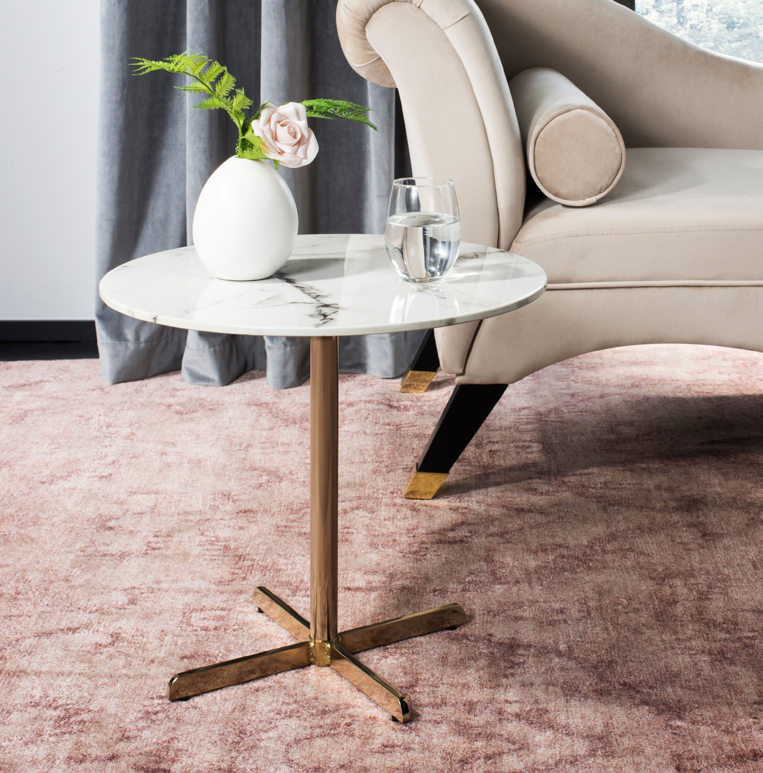 Elegant 20" Gold & White Marble Transitional Round Side Table