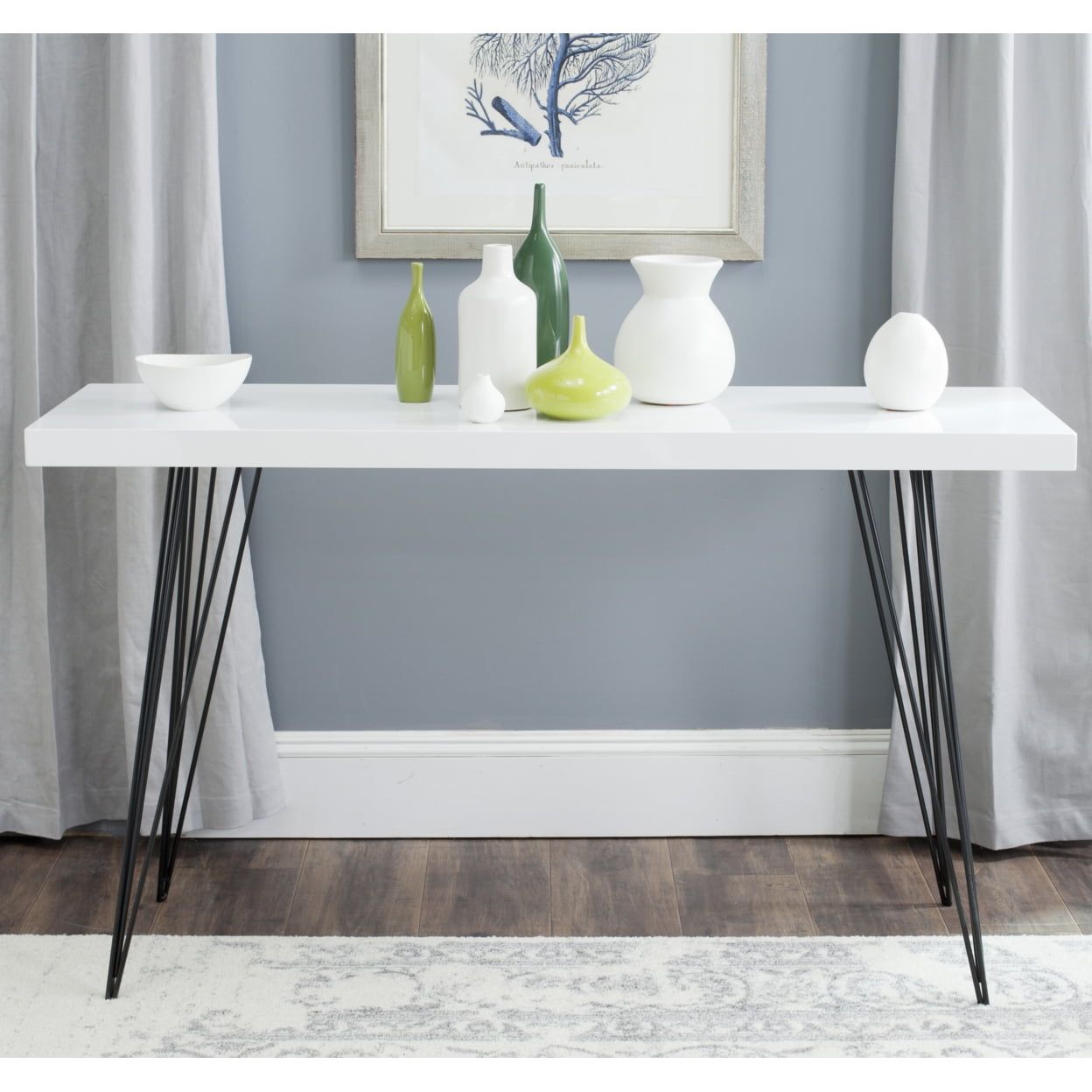Transitional Black and White Metal Wood Console Table with Storage