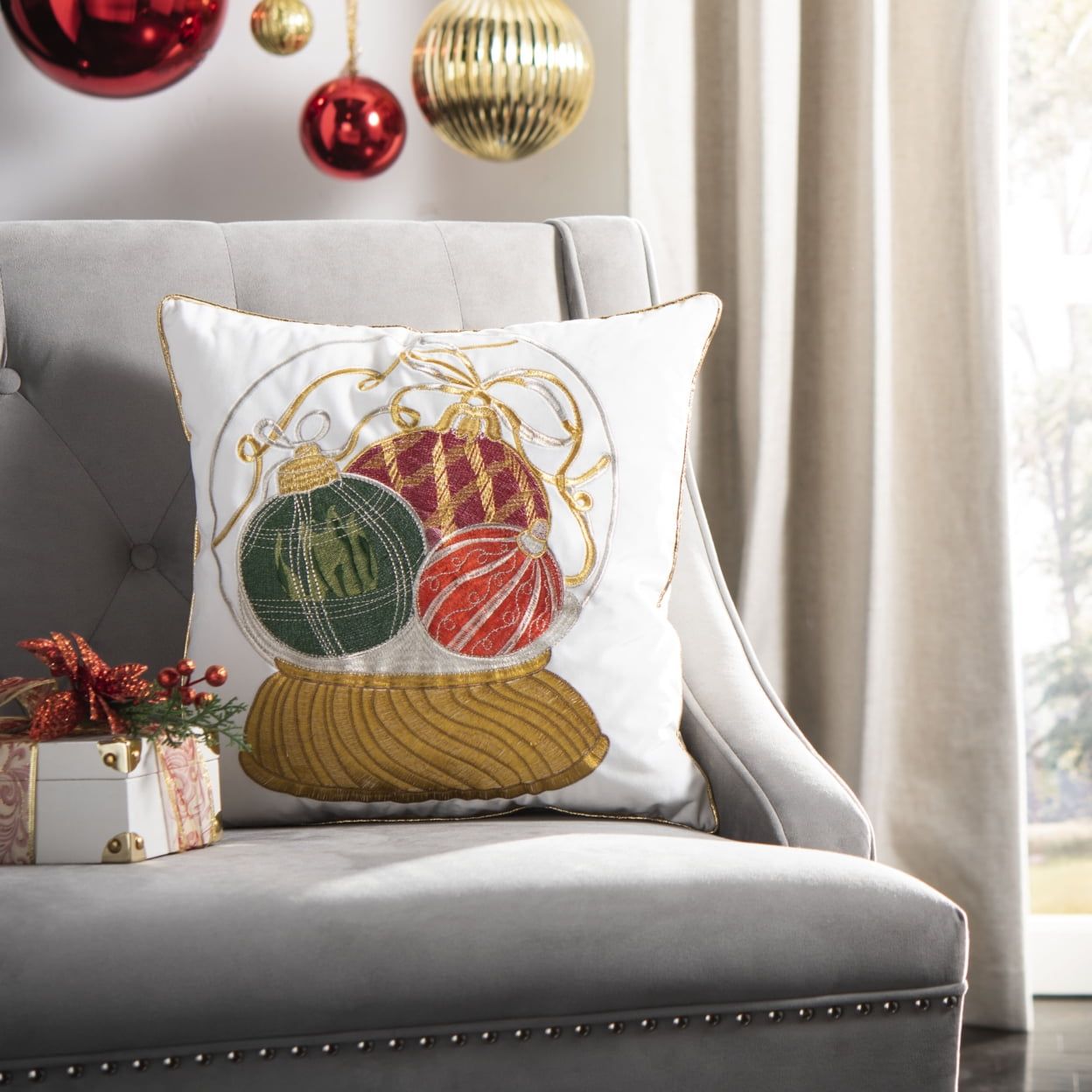 Gold and White Embroidered Kids Holiday Pillow 18" x 18"