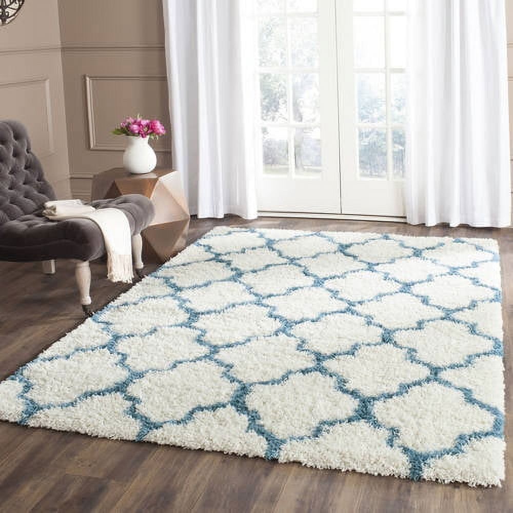 Ivory and Blue Geometric Kids Shag Area Rug, 8'6" x 12'