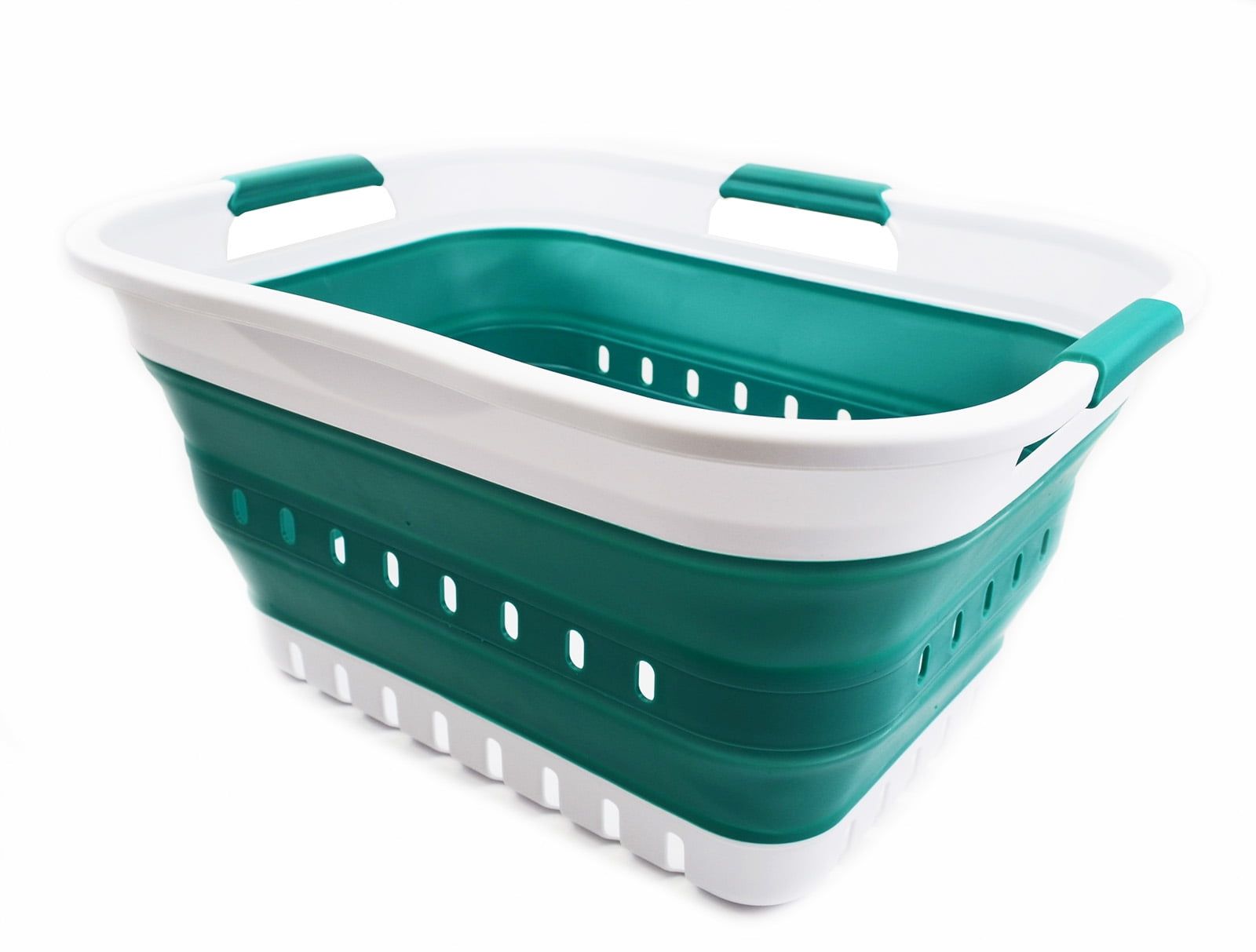 Green and White Collapsible Plastic Laundry Hamper with Handles