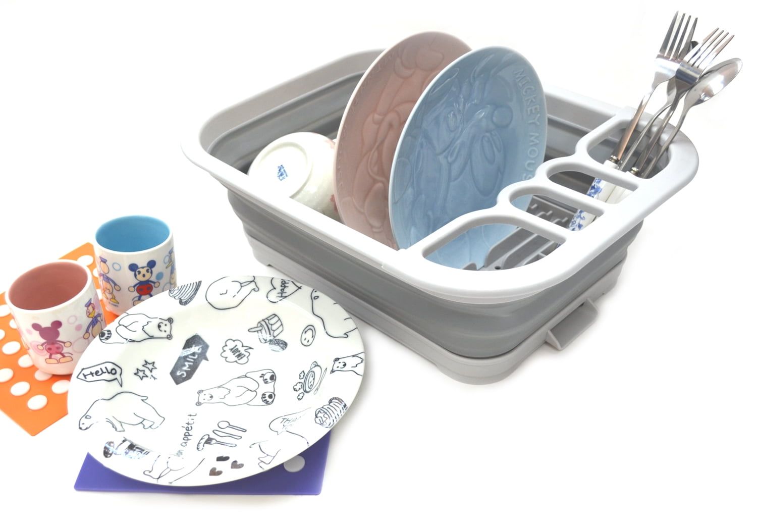 Gray Foldable Plastic Dish Drainer with Utensil Area