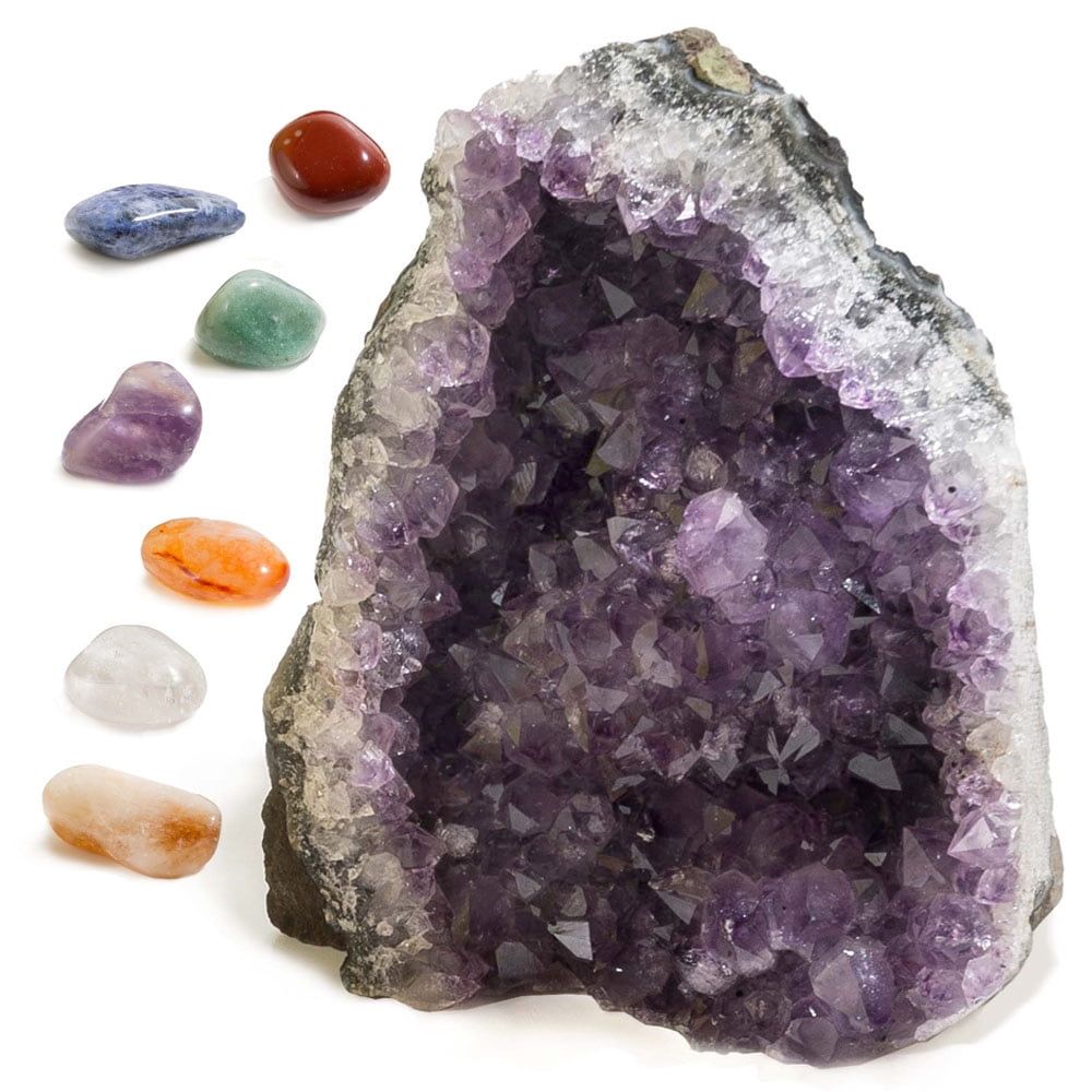 X-Large Amethyst Geode and 7 Chakras Healing Stones Set