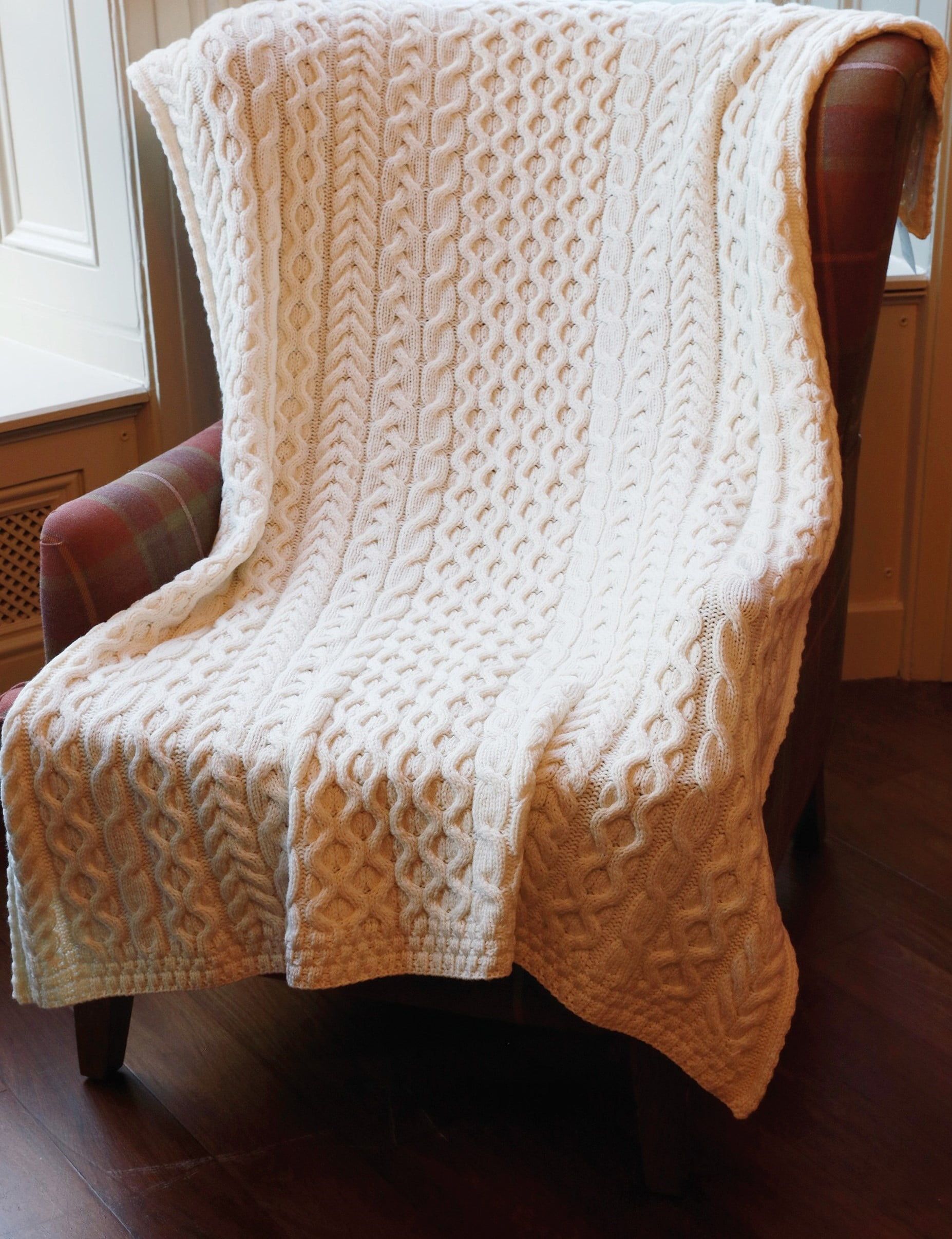 Natural White Heavy Cable Knit Merino Wool Throw Blanket 42" x 62"