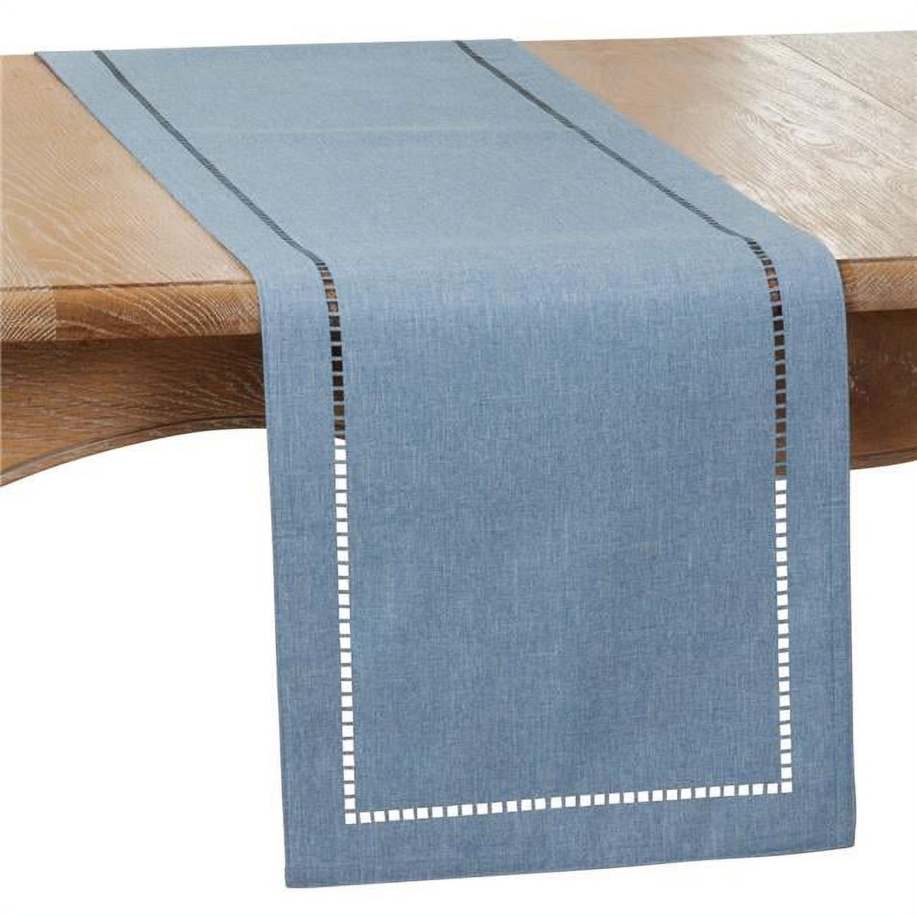 Denim Blue Polyester Laser-Cut Hemstitch Table Runner