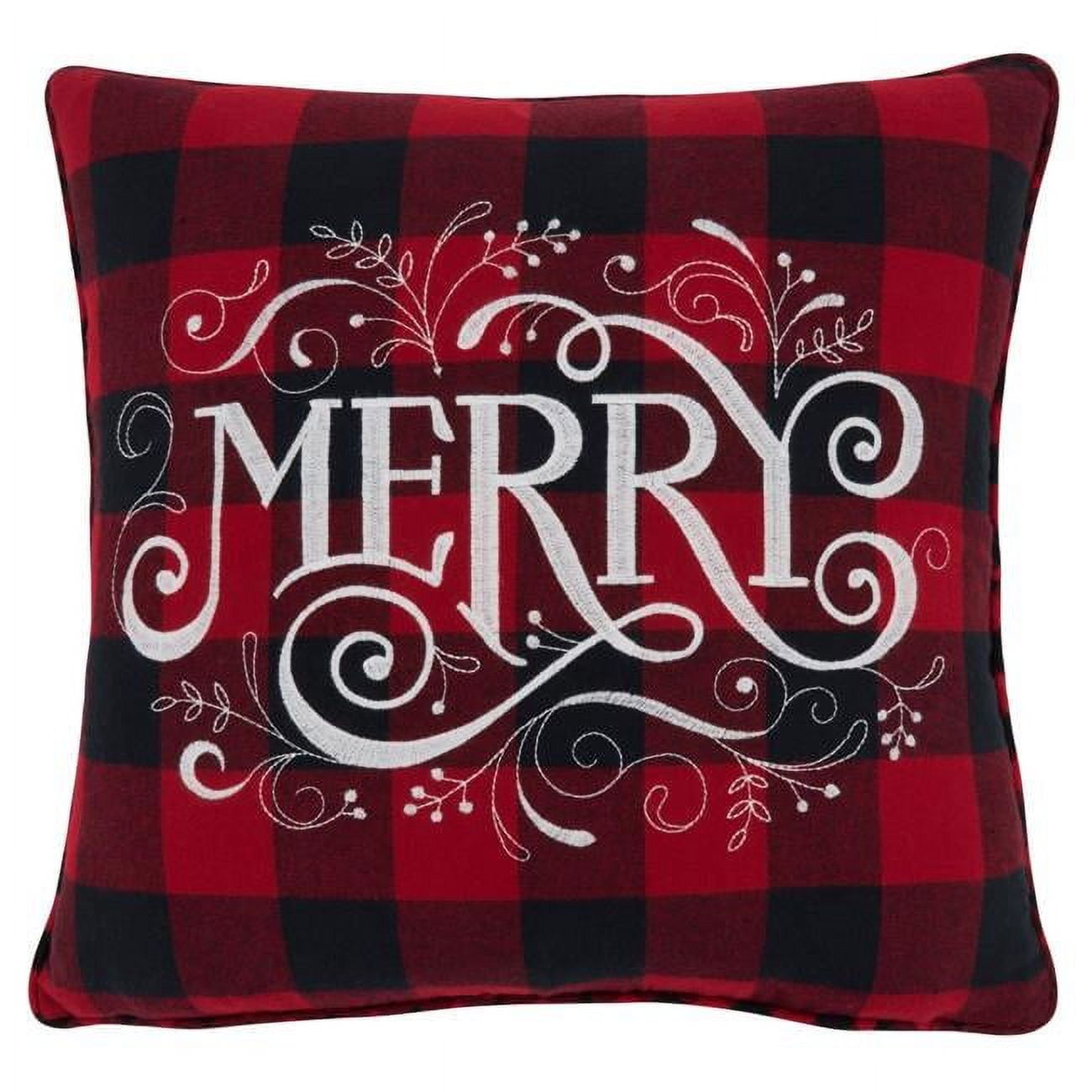 Red and Black Embroidered Cotton Plaid Throw Pillow, 16"