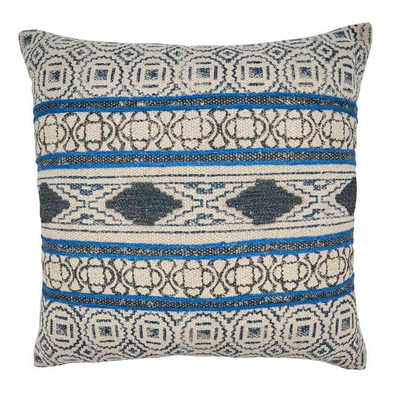 20'' Blue and Beige Cotton Boho Rug Design Throw Pillow