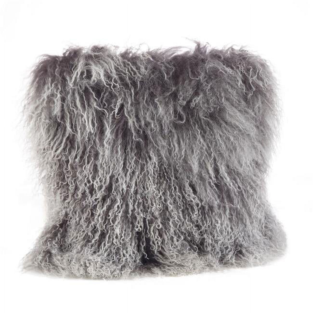 Charcoal Wool Mongolian Lamb Fur Square Throw Pillow, 16"
