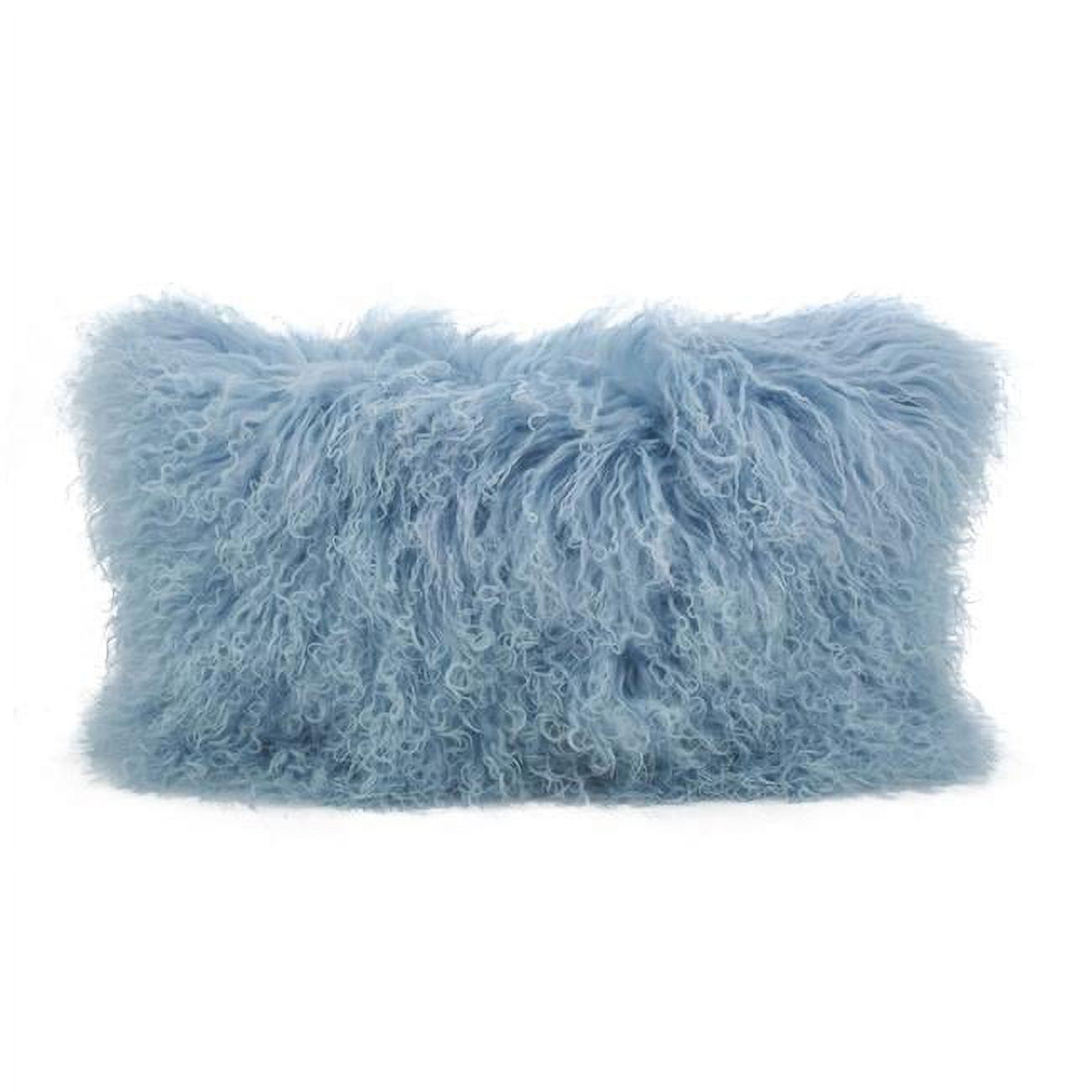 Ice Blue Wool Mongolian Lamb Fur Rectangular Throw Pillow