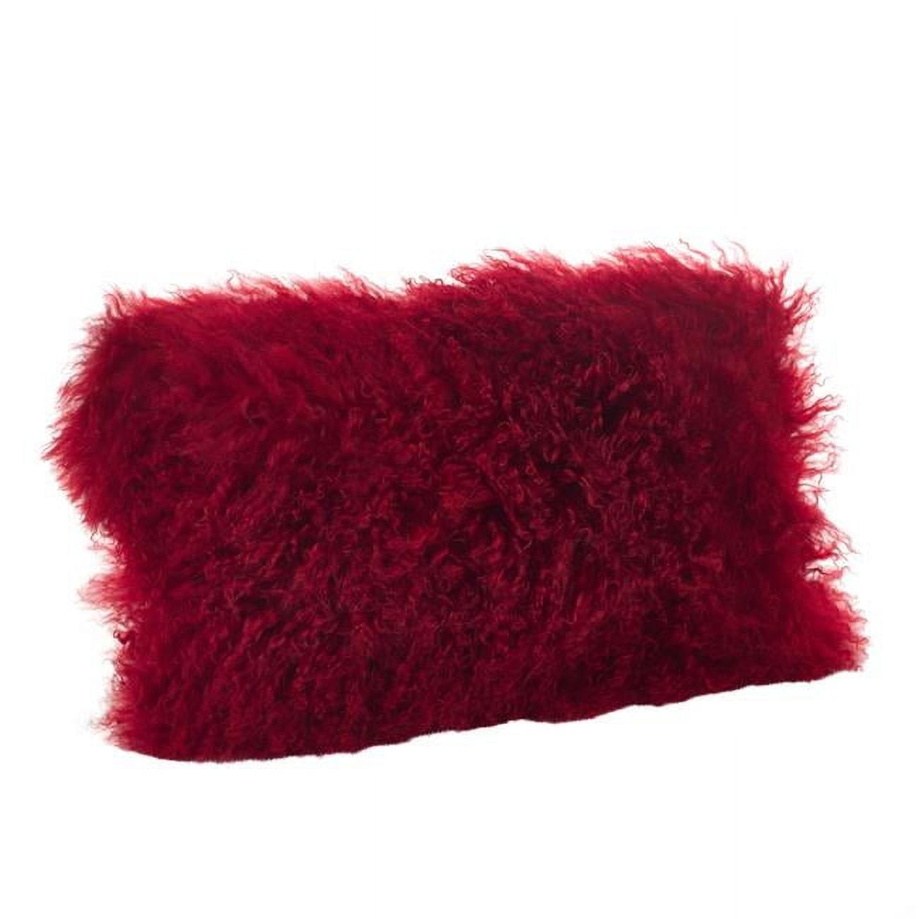 Red Wool Mongolian Lamb Fur Rectangular Throw Pillow 12x20