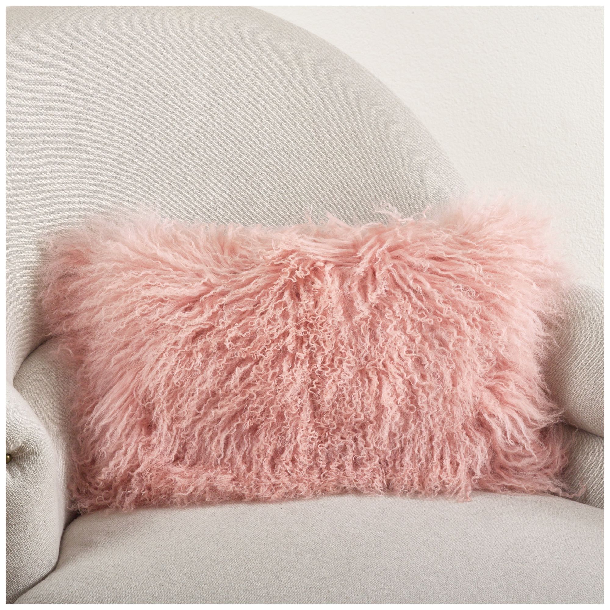 Rose Mongolian Lamb Fur Rectangular Throw Pillow 12 x 20 in