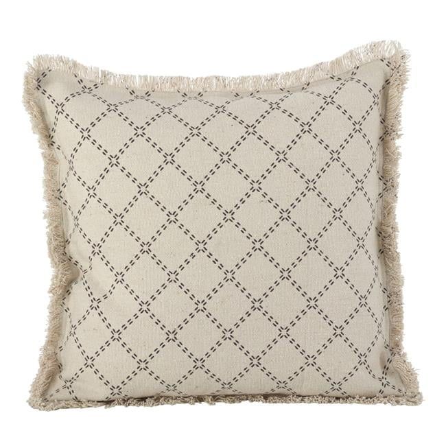 Natural Diamond Pattern Cotton Fringe Trim Throw Pillow