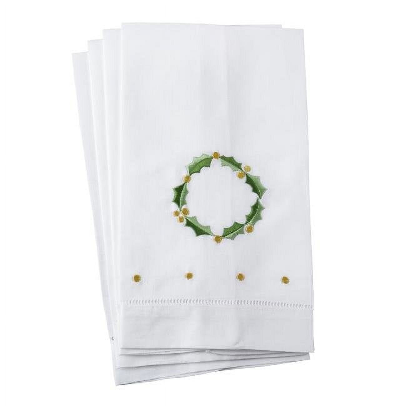 White Cotton Linen Holiday Hand Towels with Holly Leaf Embroidery, Set of 4