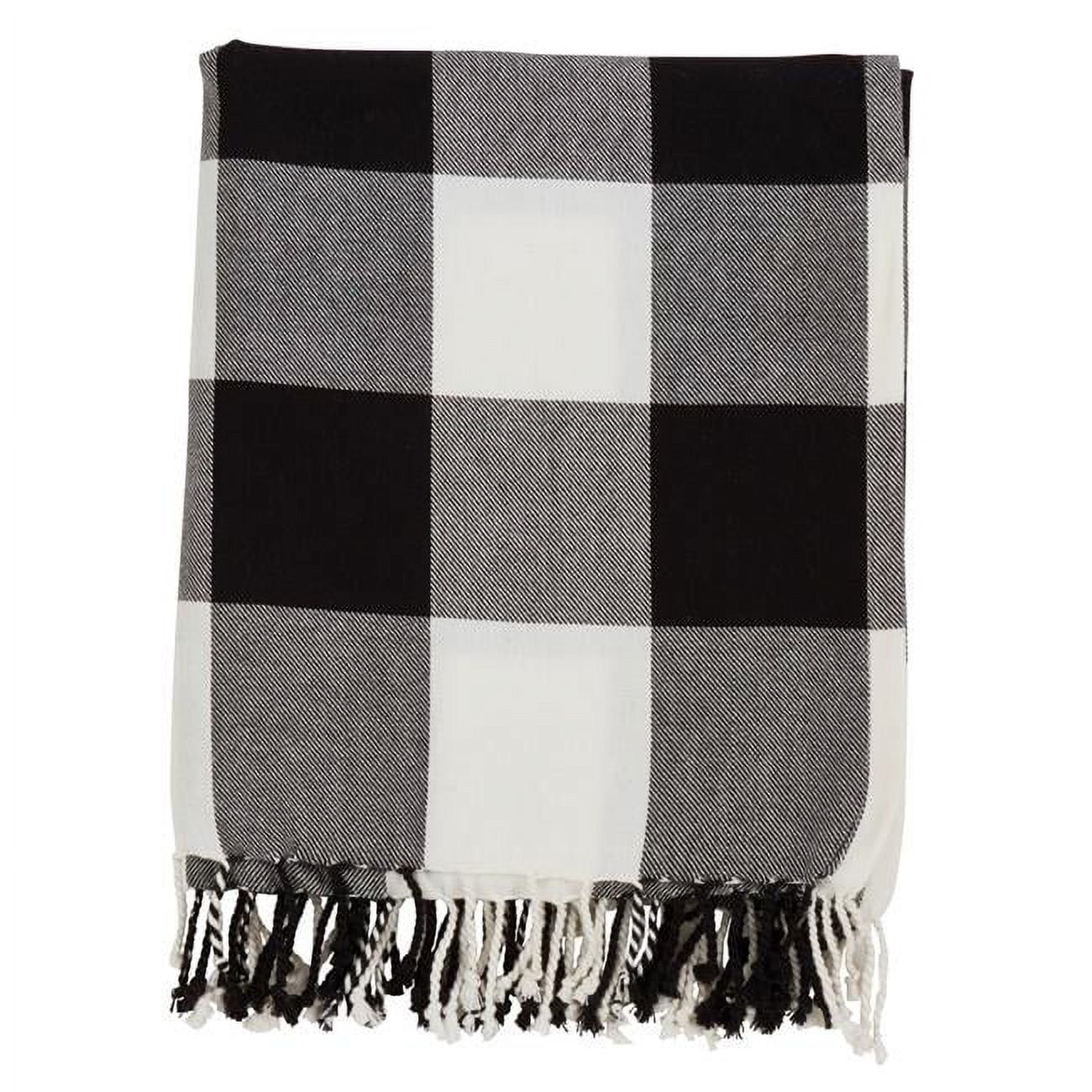 Buffalo Plaid Tassel-Trimmed Cotton Throw Blanket - Black and White