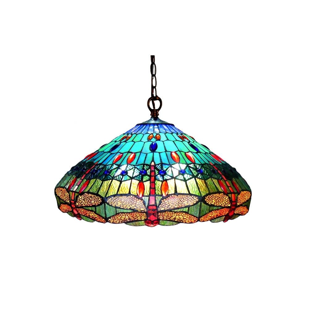 Scarlet Tiffany-Style Dragonfly Glass Pendant Lamp with Bronze Finish