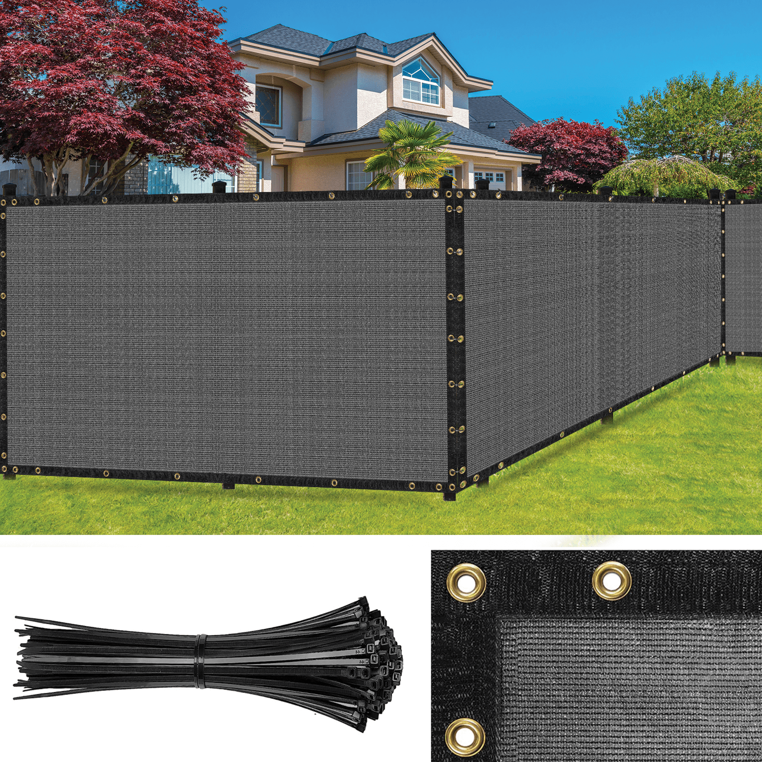 Gray Heavy-Duty Polyethylene Privacy Fence Screen with Grommets 5' x 10'