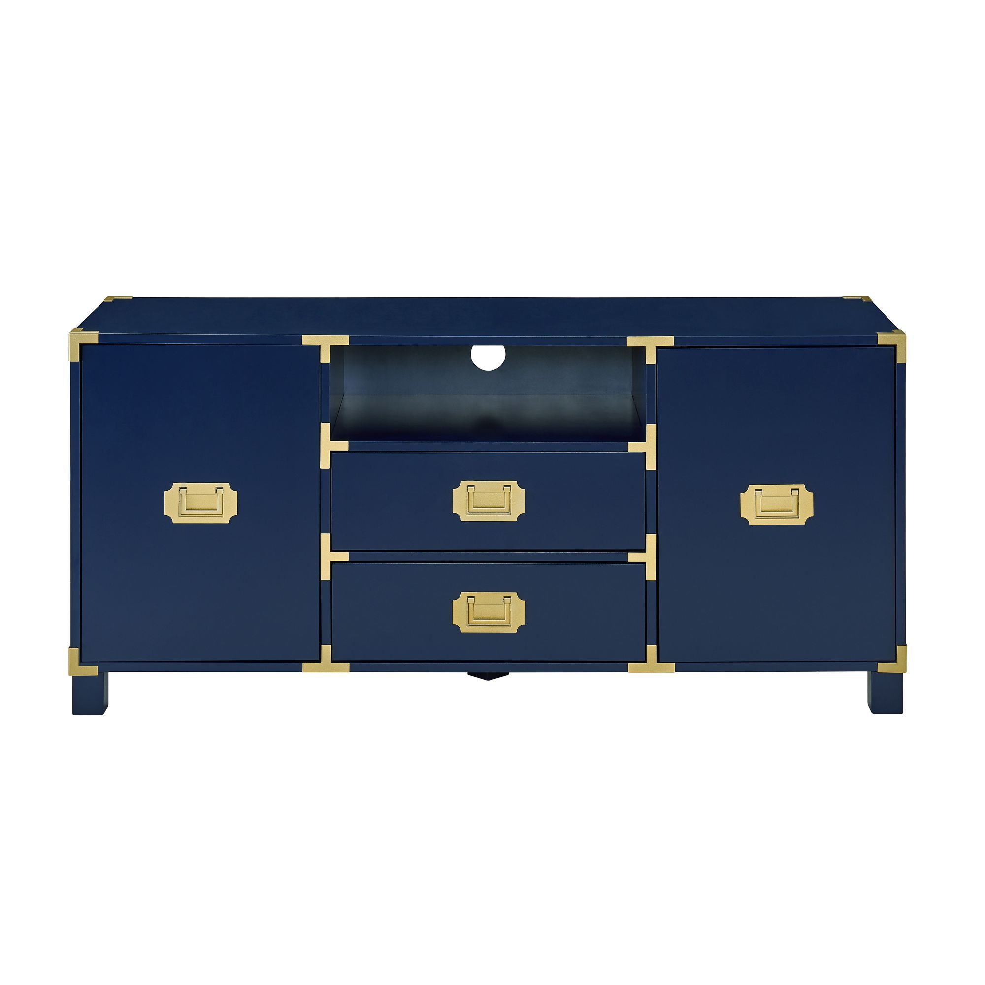 Navy and Brass 52" Campaign-Inspired TV Stand with Cabinets