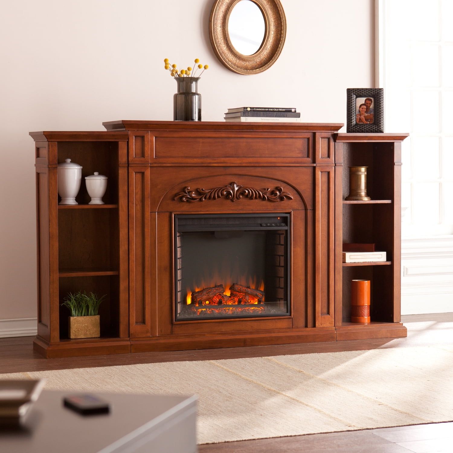 Chantilly Autumn Oak Electric Fireplace with Bookcases and Remote Control