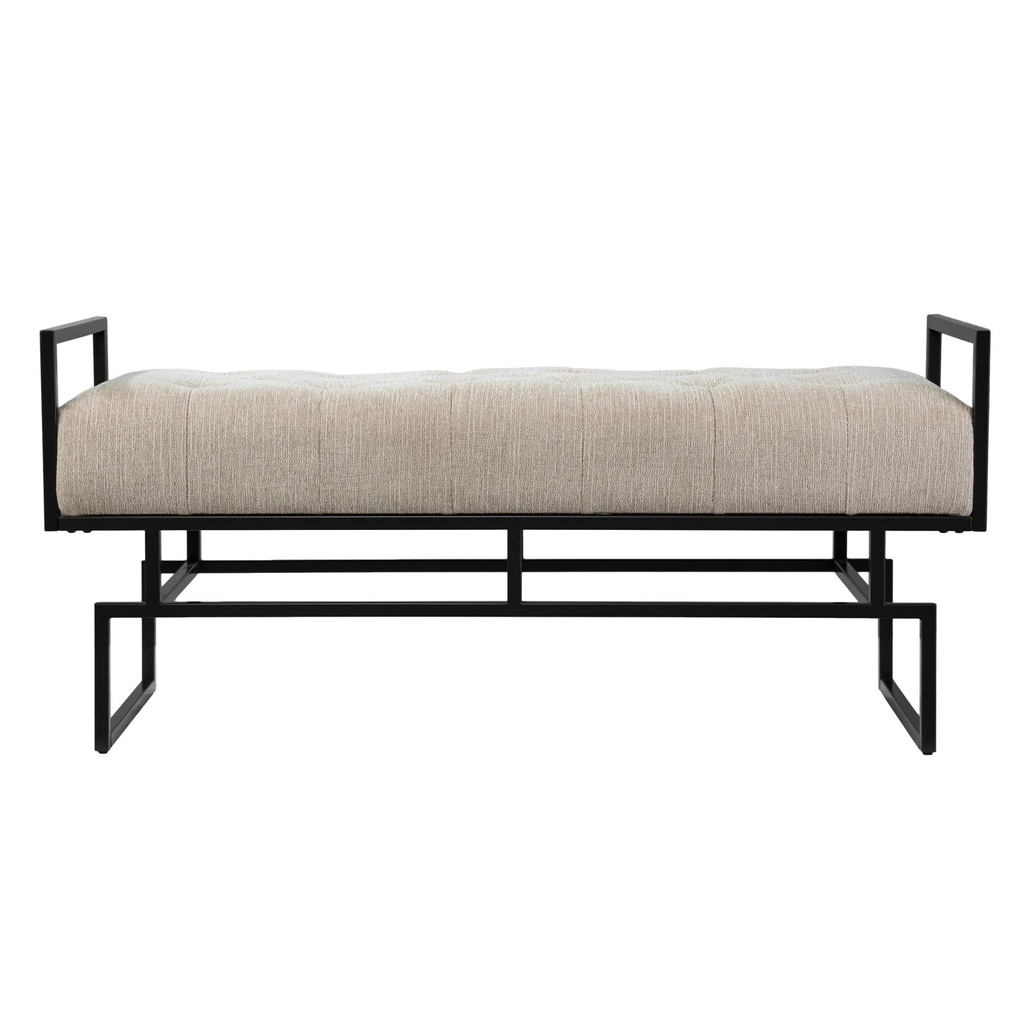 Beige and Gunmetal Gray Upholstered Bench with Iron Base