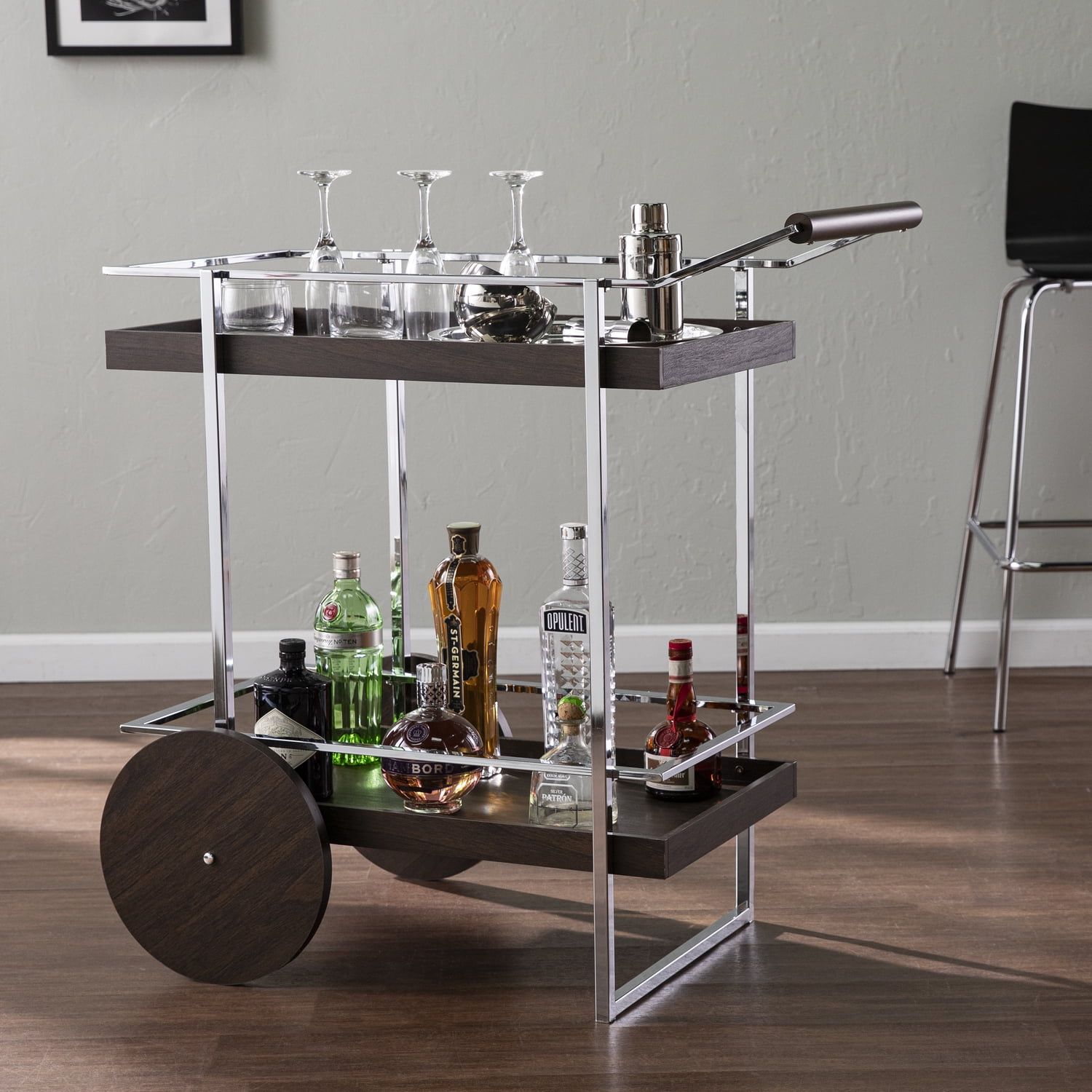 Dark Brown and Chrome Rolling Bar Cart with Storage