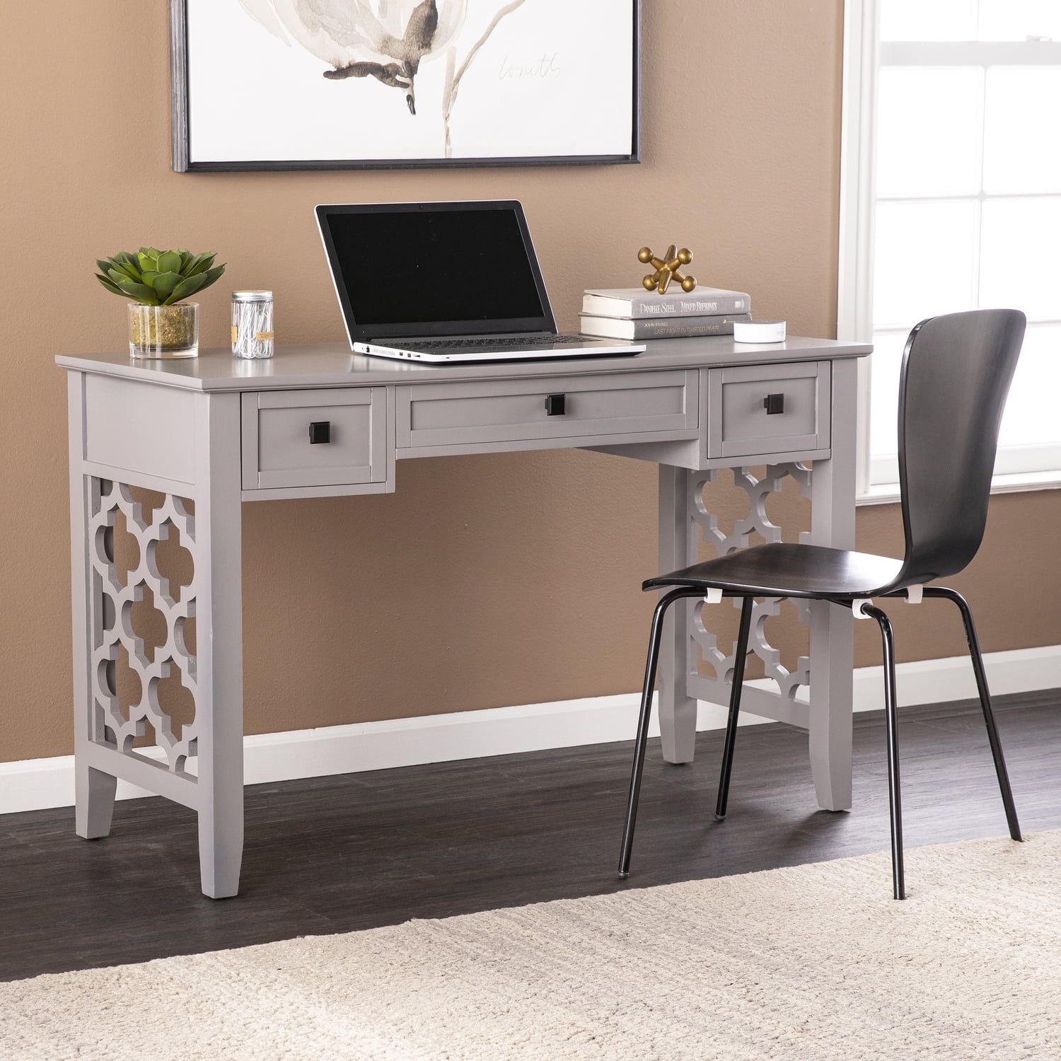 Gray Engineered Wood Writing Desk with Decorative Cutouts and Drawers