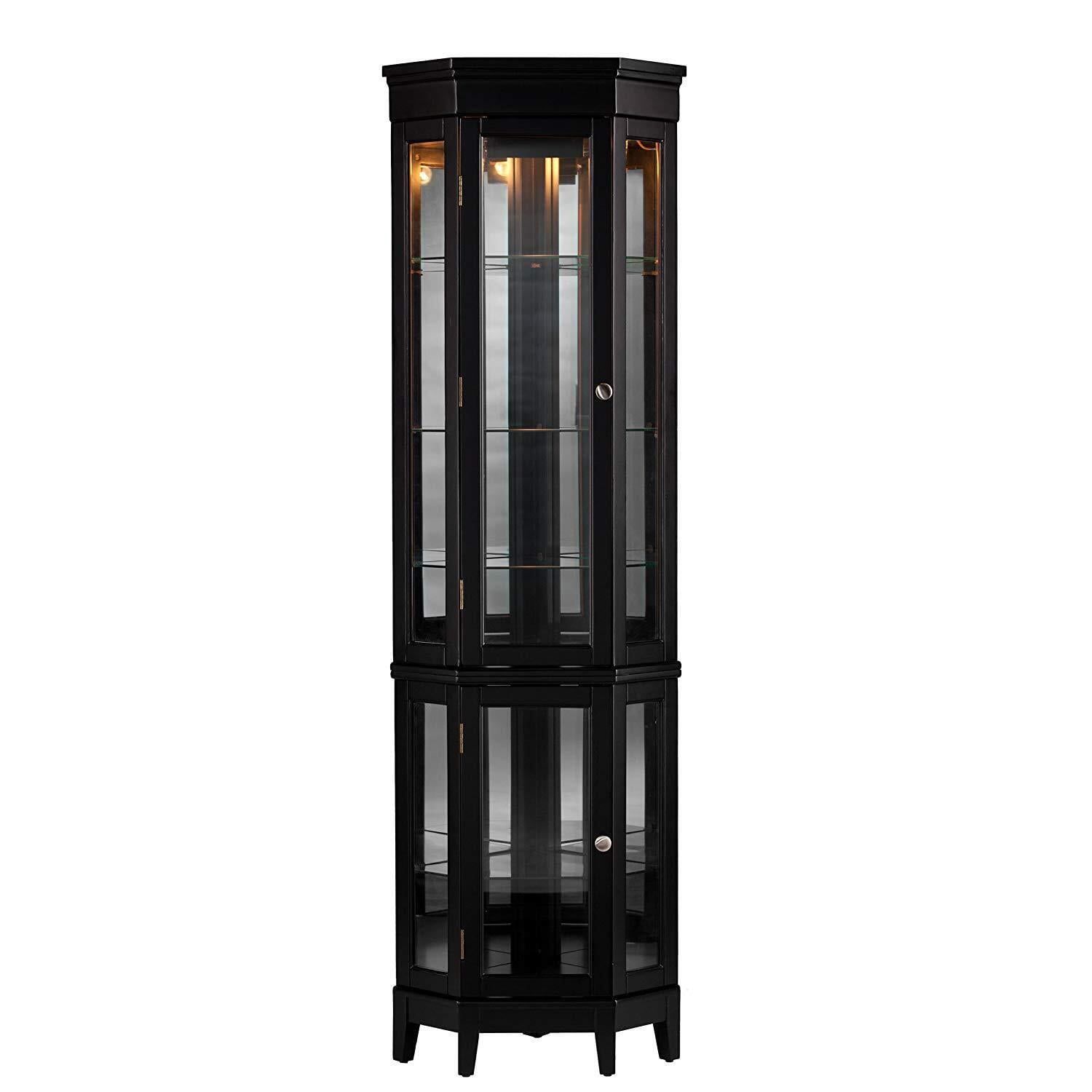 Black Lighted Corner Curio Cabinet with Adjustable Shelves