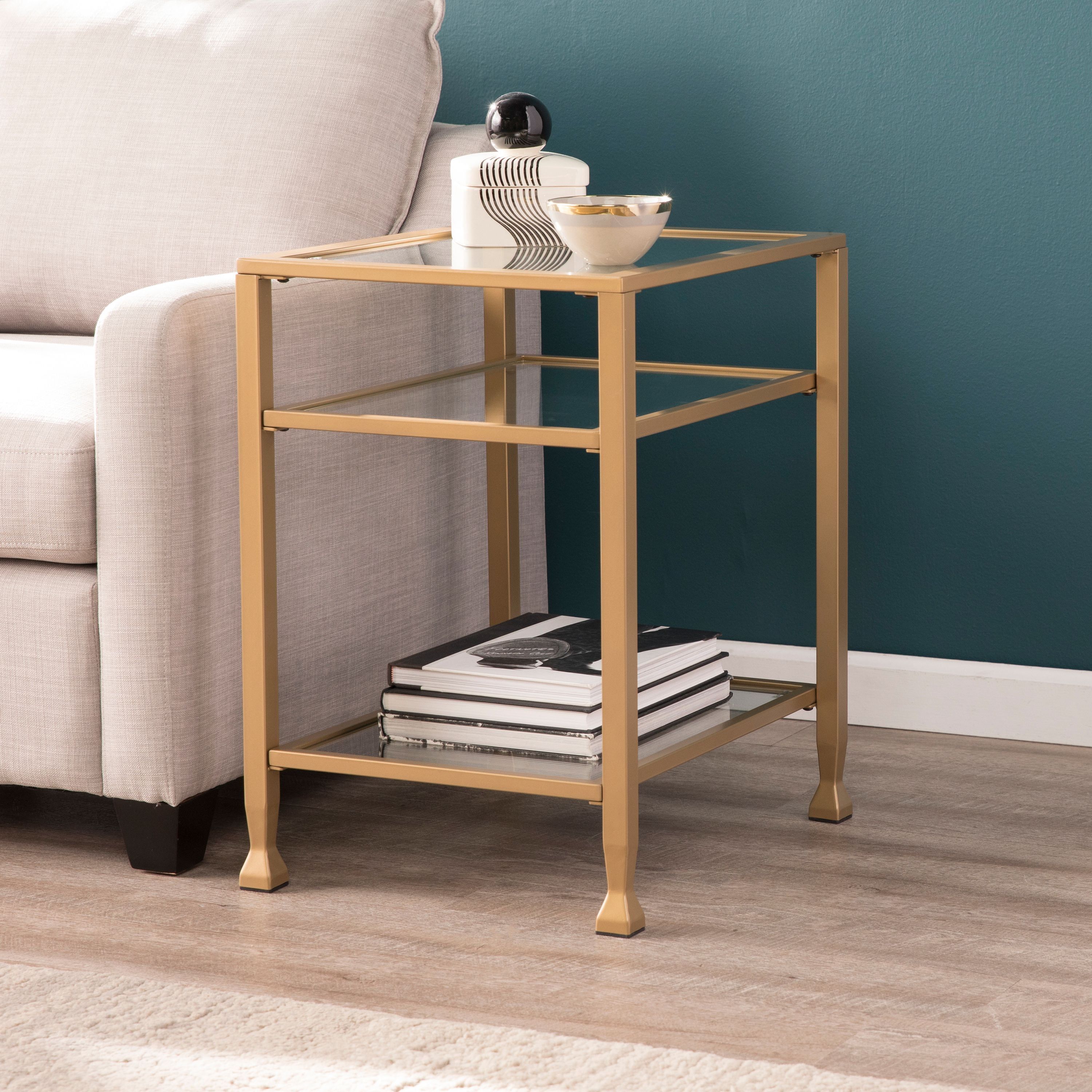 Soft Gold Geometric Metal and Glass 3-Tier End Table