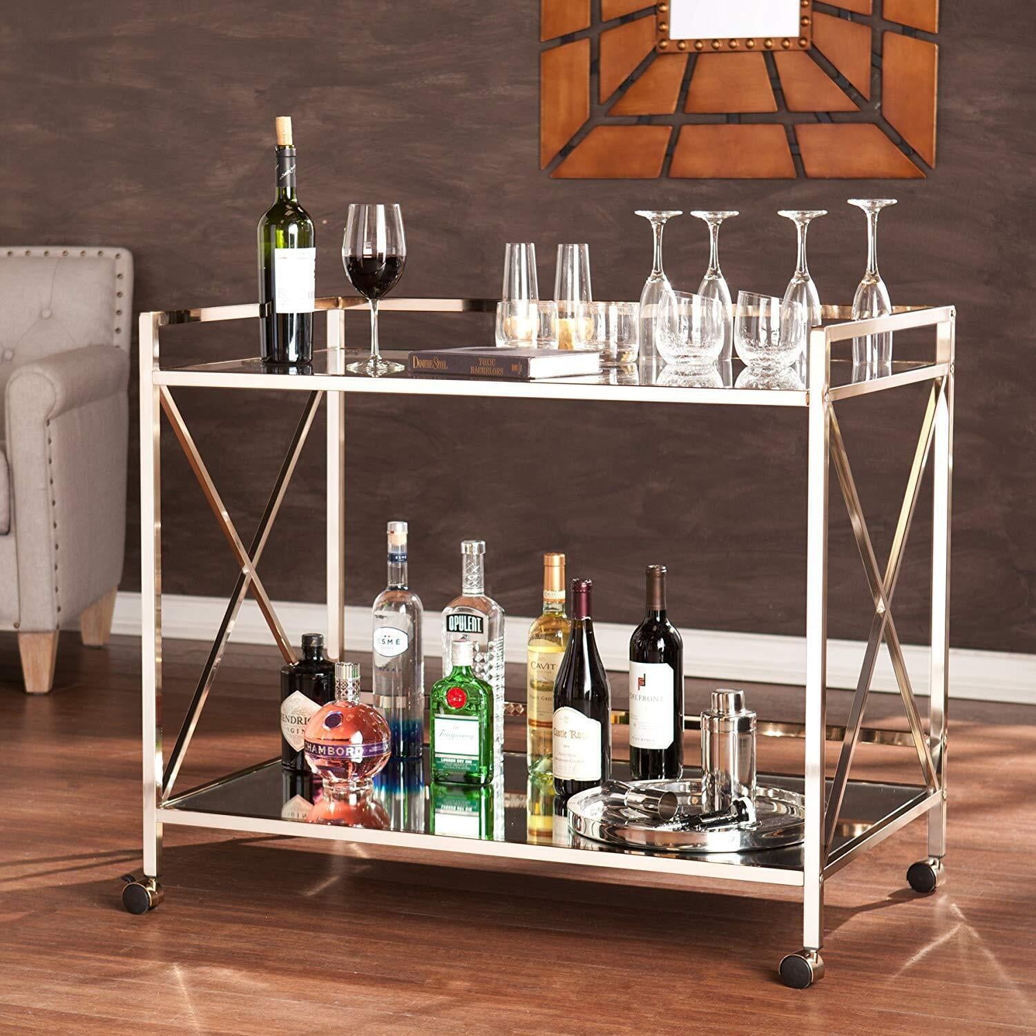 Metallic Gold Glass and Mirror Bar Cart with Storage