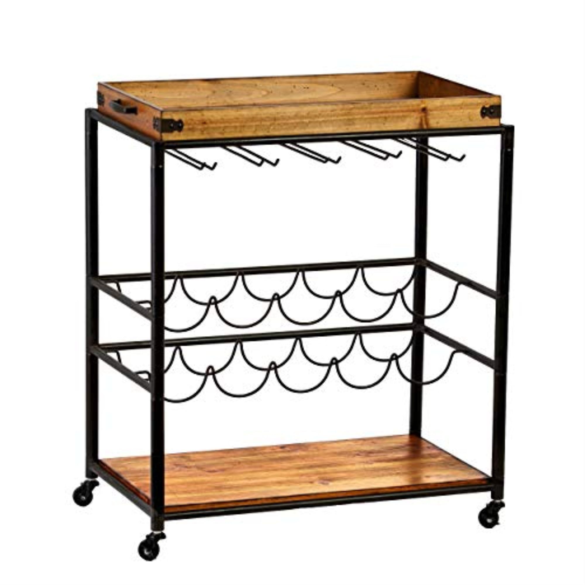 Mayson Traditional Black and Natural Wood Bar Cart with Wine Storage